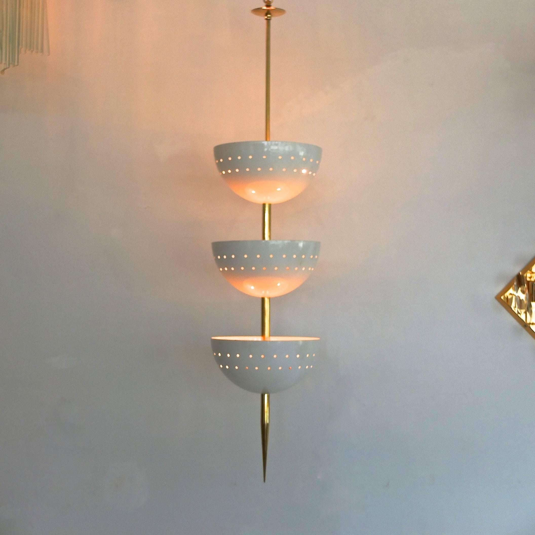 Mid-Century Modern Stilnovo Style Pendant of Three Stacked Perforated Cups and Brass Spike For Sale
