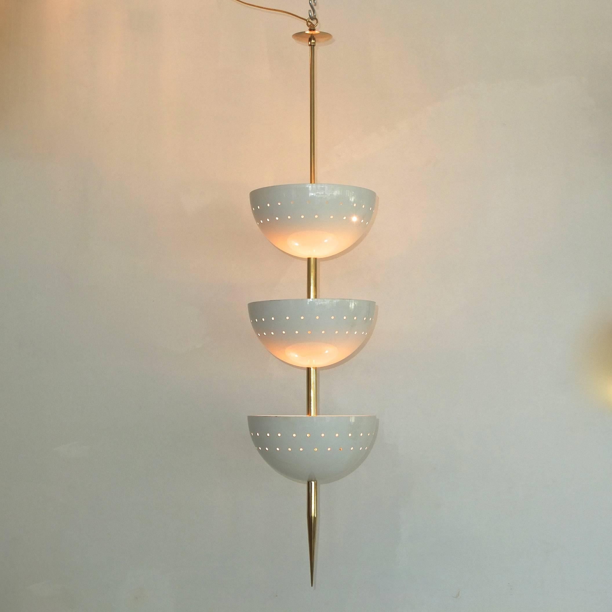 Stilnovo Style Pendant of Three Stacked Perforated Cups and Brass Spike In Excellent Condition For Sale In Hanover, MA