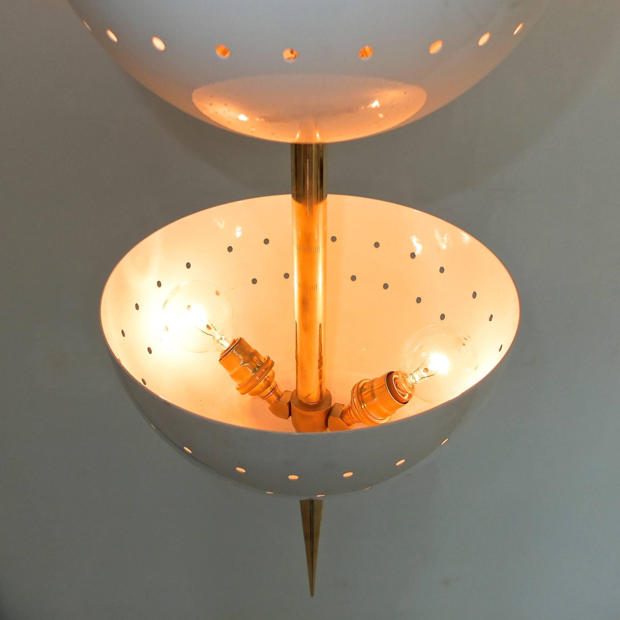 Stilnovo Style Pendant of Three Stacked Perforated Cups and Brass Spike For Sale 1