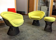 Warren Platner Bronze Lounge Chairs and Stool in Classic Boucle Chartreuse, Pair