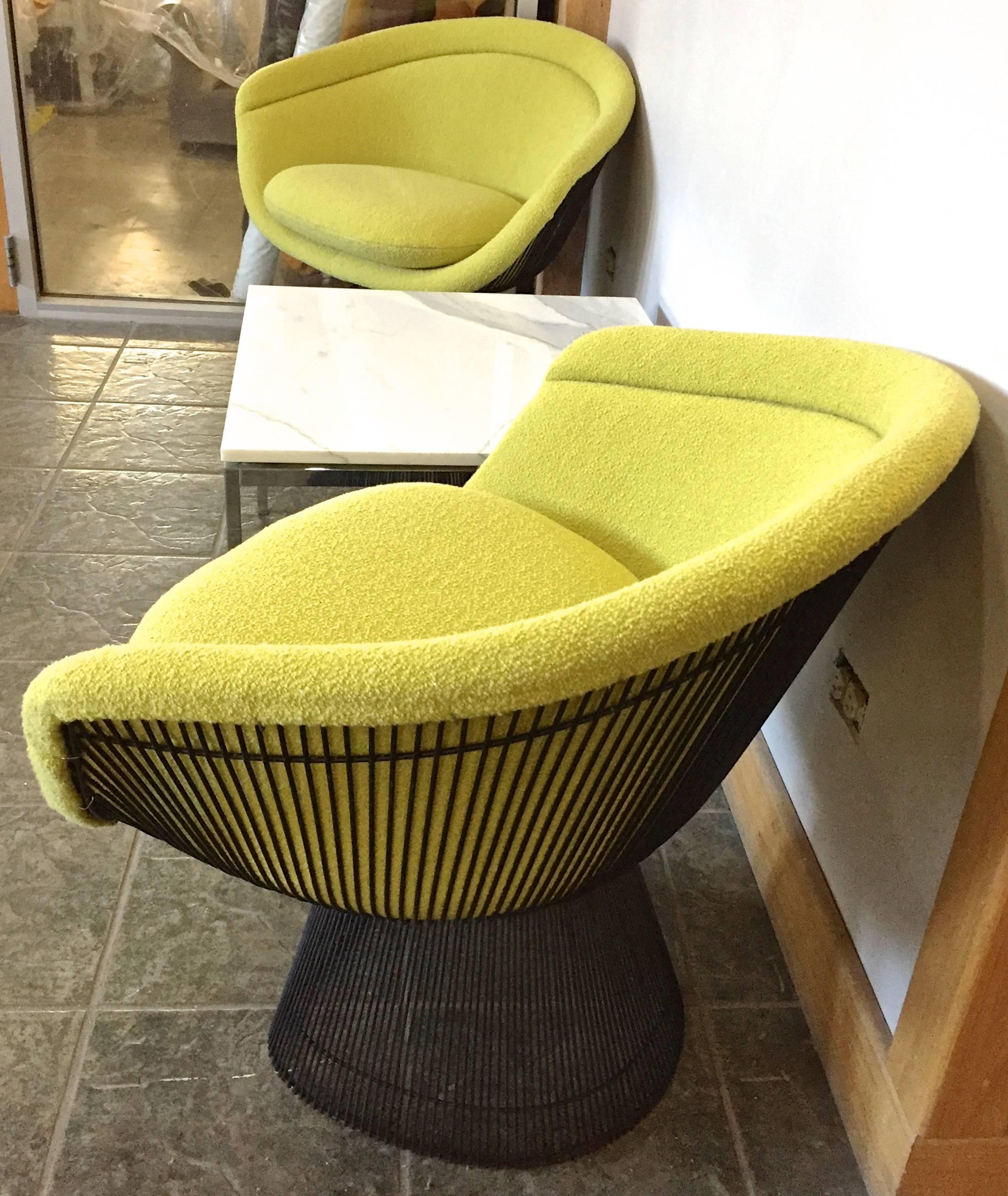 Mid-Century Modern Warren Platner Bronze Lounge Chairs and Stool in Classic Boucle Chartreuse, Pair