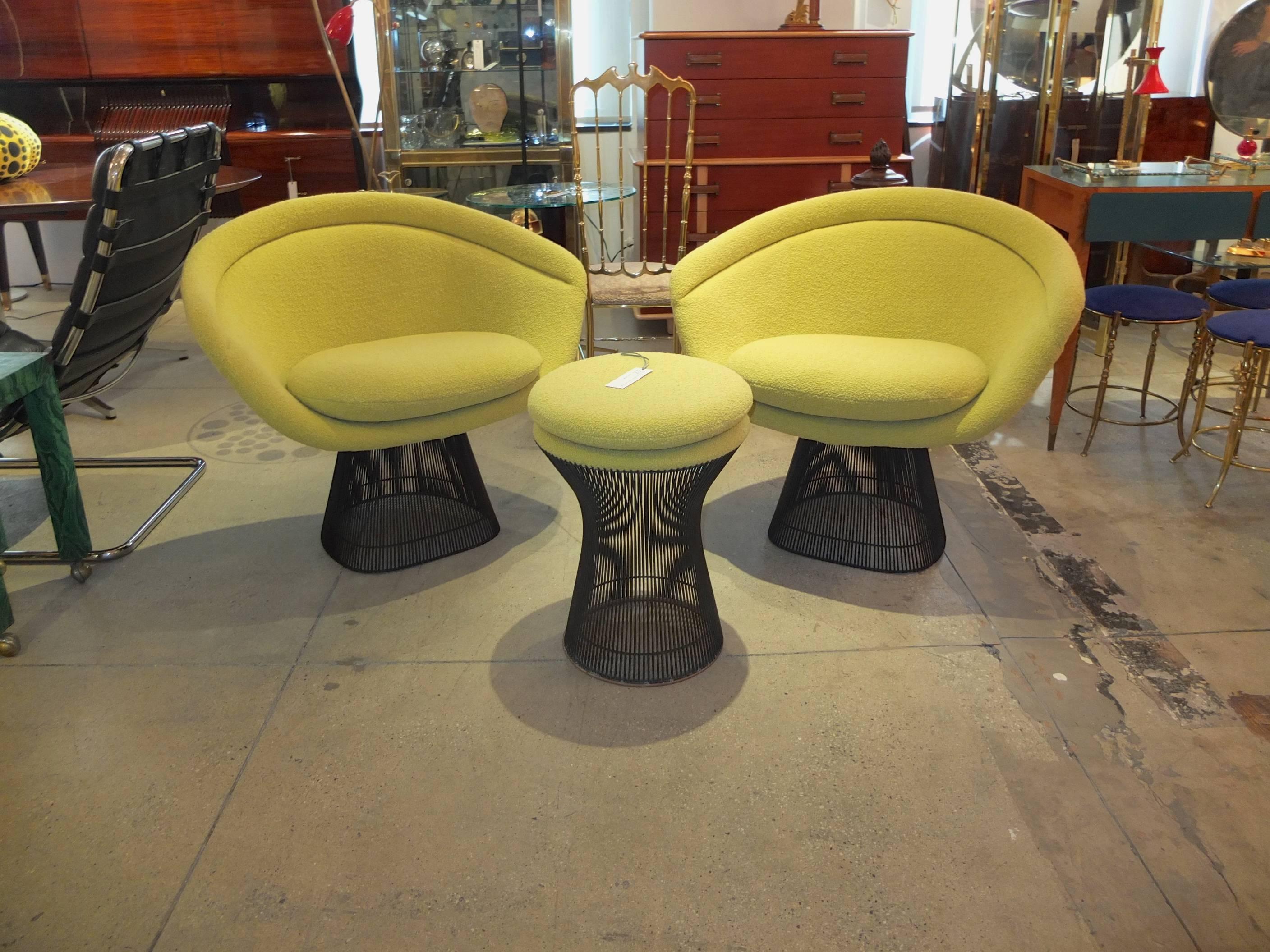 Warren Platner Bronze Lounge Chairs and Stool in Classic Boucle Chartreuse, Pair 1