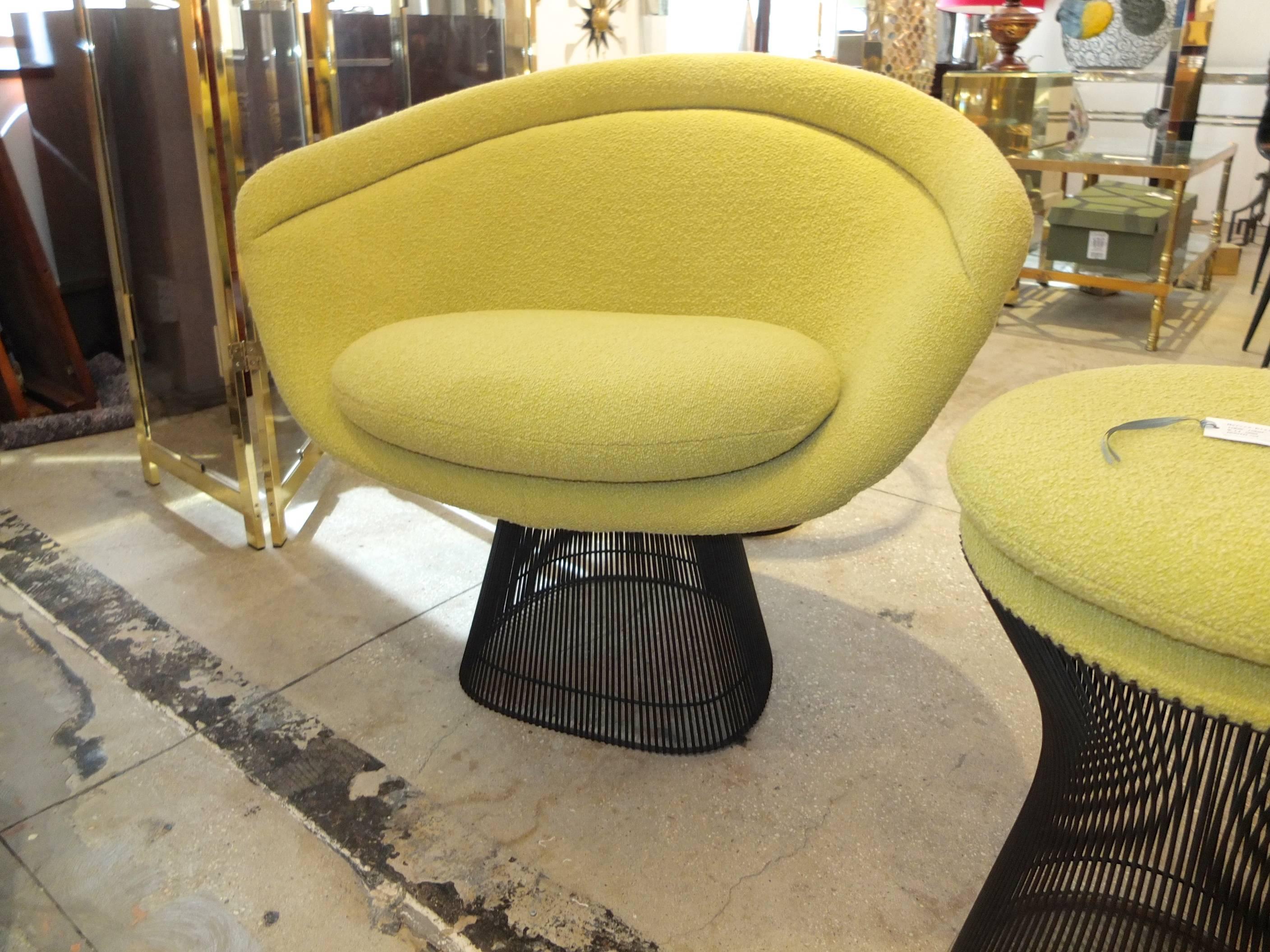 Warren Platner Bronze Lounge Chairs and Stool in Classic Boucle Chartreuse, Pair 2