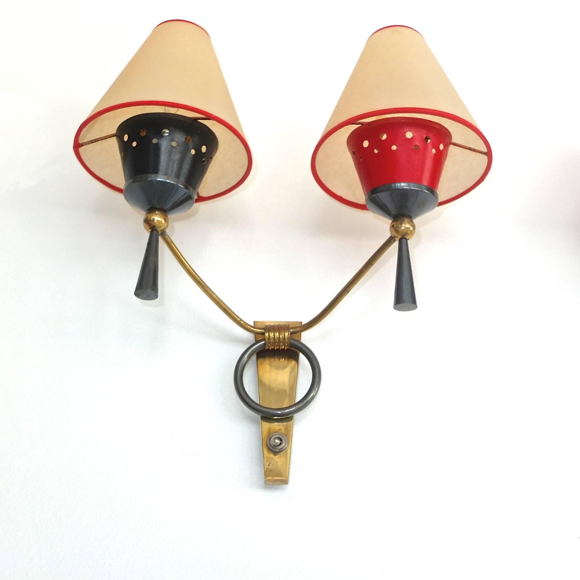 Pair of Maison Lunel Double Arm Sconces with Original Abat Jour In Good Condition For Sale In Hanover, MA