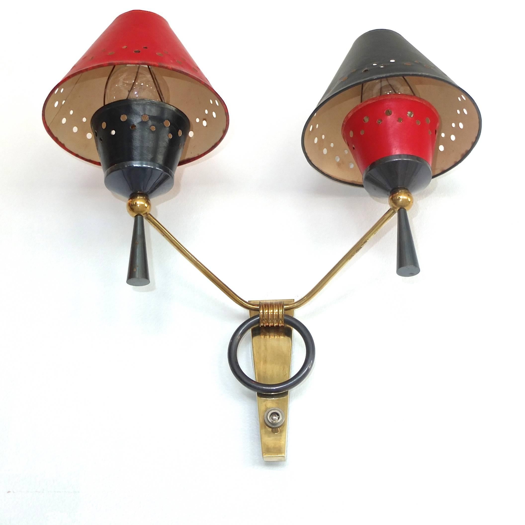 Mid-20th Century Pair of Maison Lunel Double Arm Sconces with Original Abat Jour For Sale