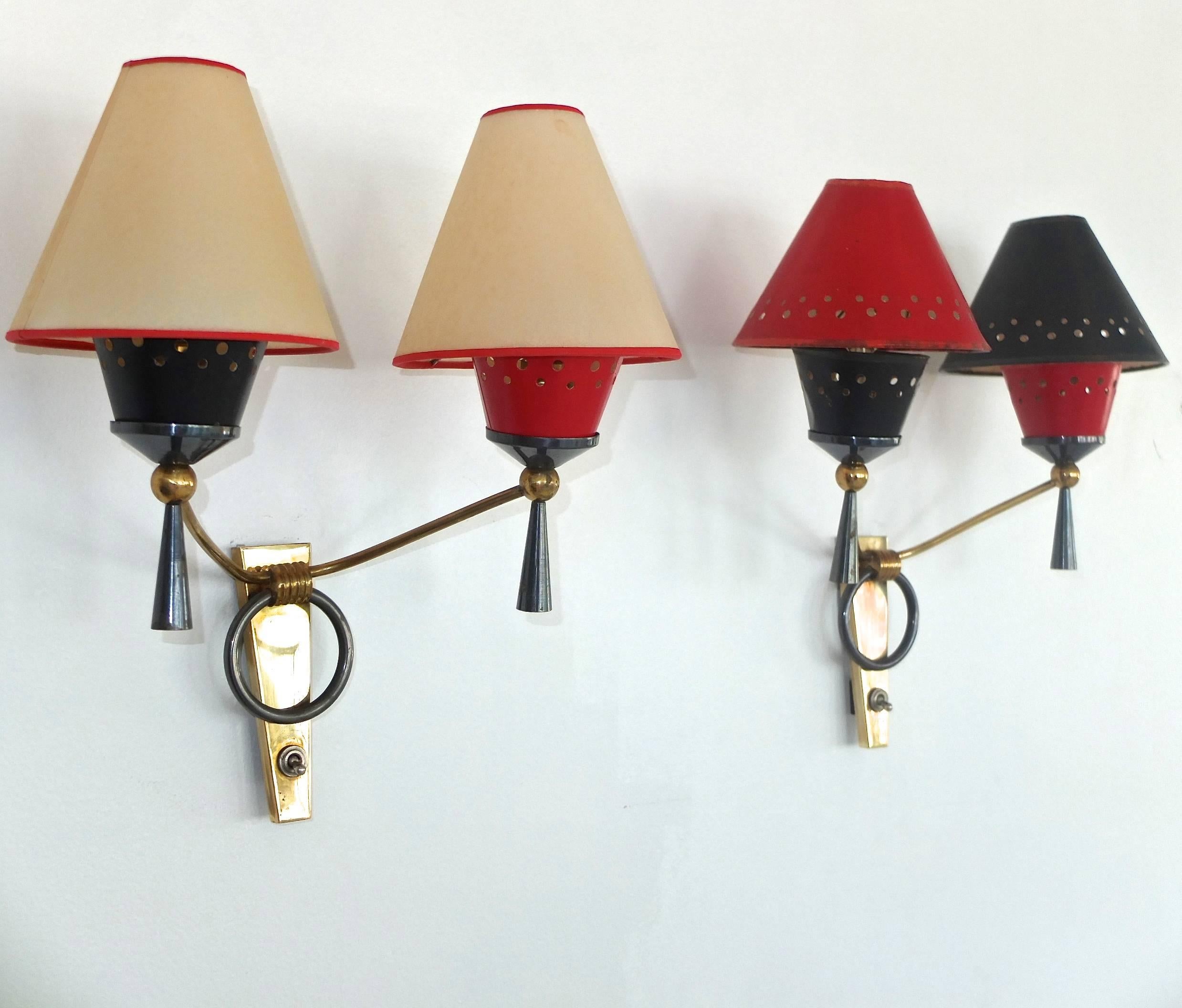 Brass Pair of Maison Lunel Double Arm Sconces with Original Abat Jour For Sale