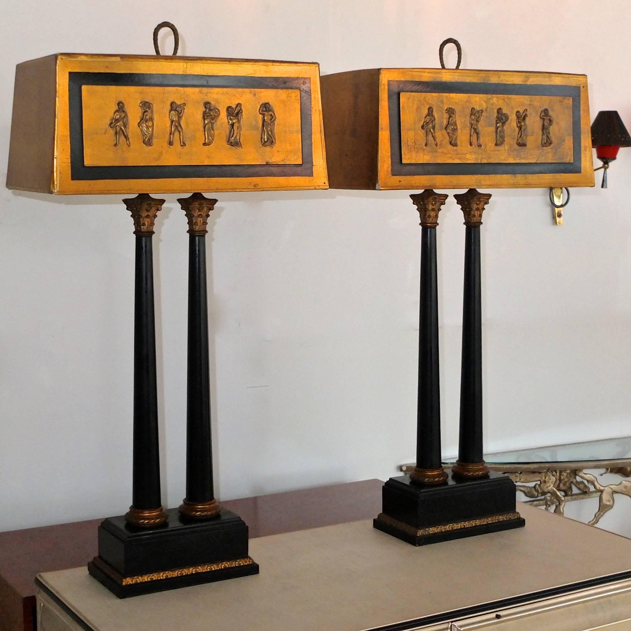 Hollywood Regency Pair of 1950s Camp Classical Double Column Lamps with Embellished Shades For Sale