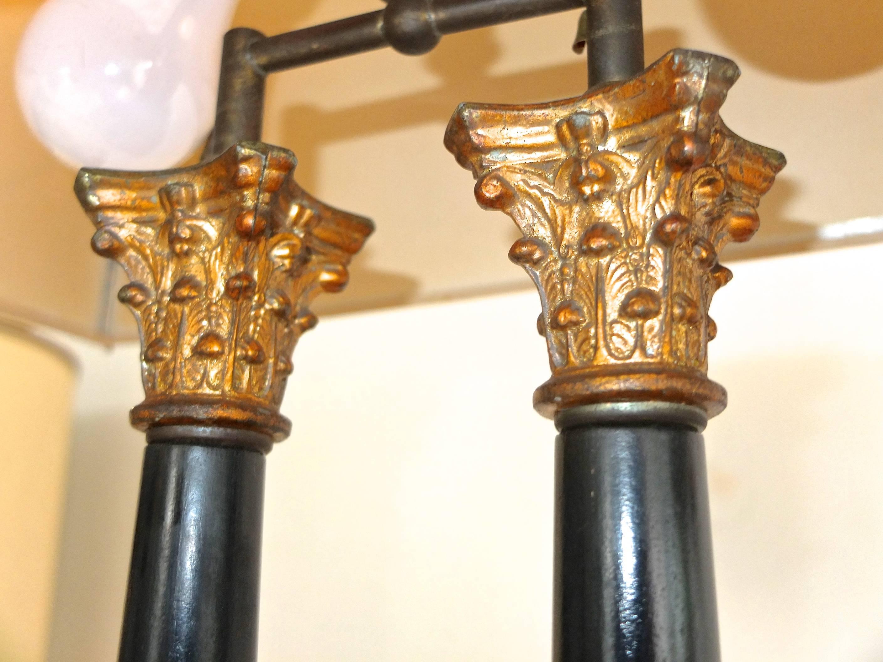 Pair of 1950s Camp Classical Double Column Lamps with Embellished Shades In Good Condition For Sale In Hanover, MA