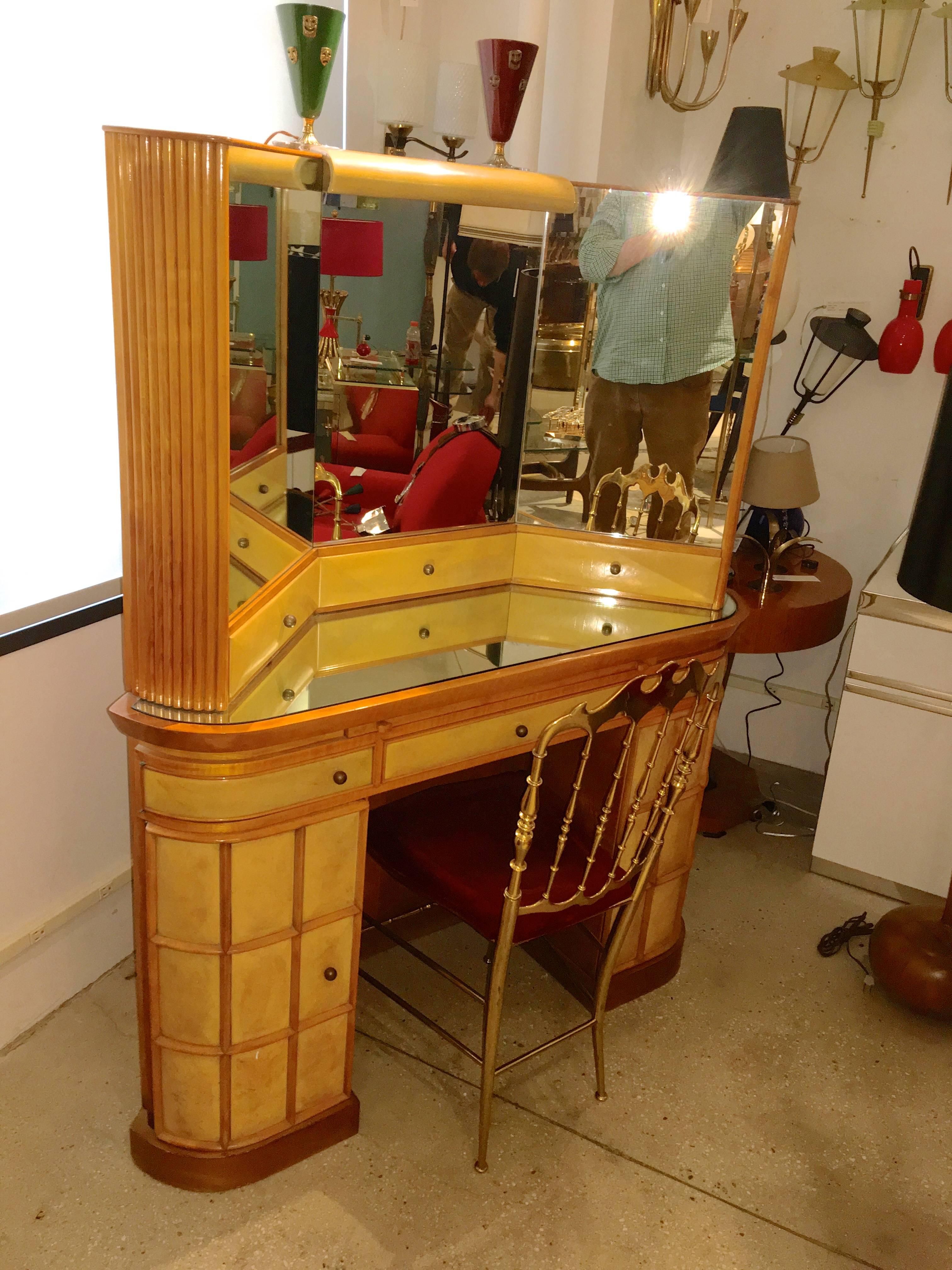 Parchment Paper Italian Art Deco Secretary Vanity Dressing Table Attributed to Paolo Buffa For Sale