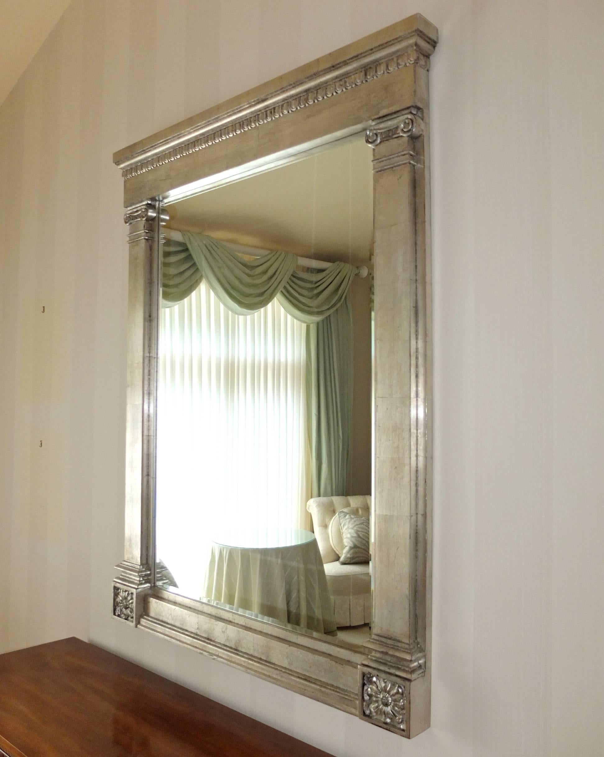 American Vintage Marge Carson Platinum Leafed Neoclassical Wall Mirror For Sale