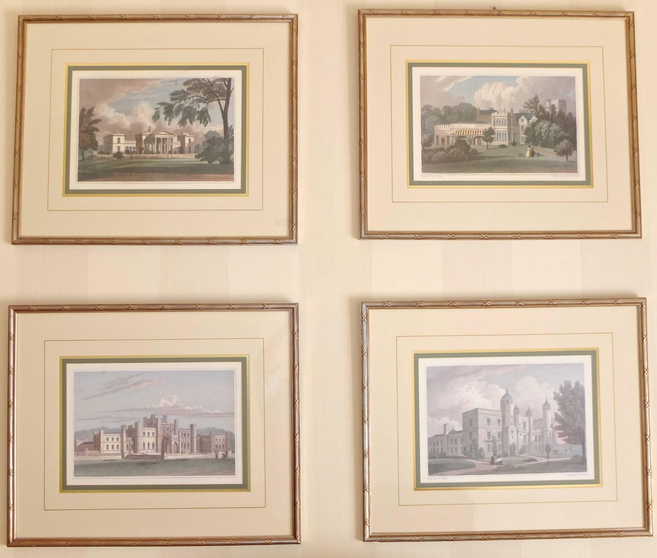 A series of small steel and copper engravings of stately and nobles homes of England, hand colored and uncolored, drawn by John Preston Neale circa 1830 and engraved by W. Radclyffe, beautifully presented in custom silver gilt wood frames, slim