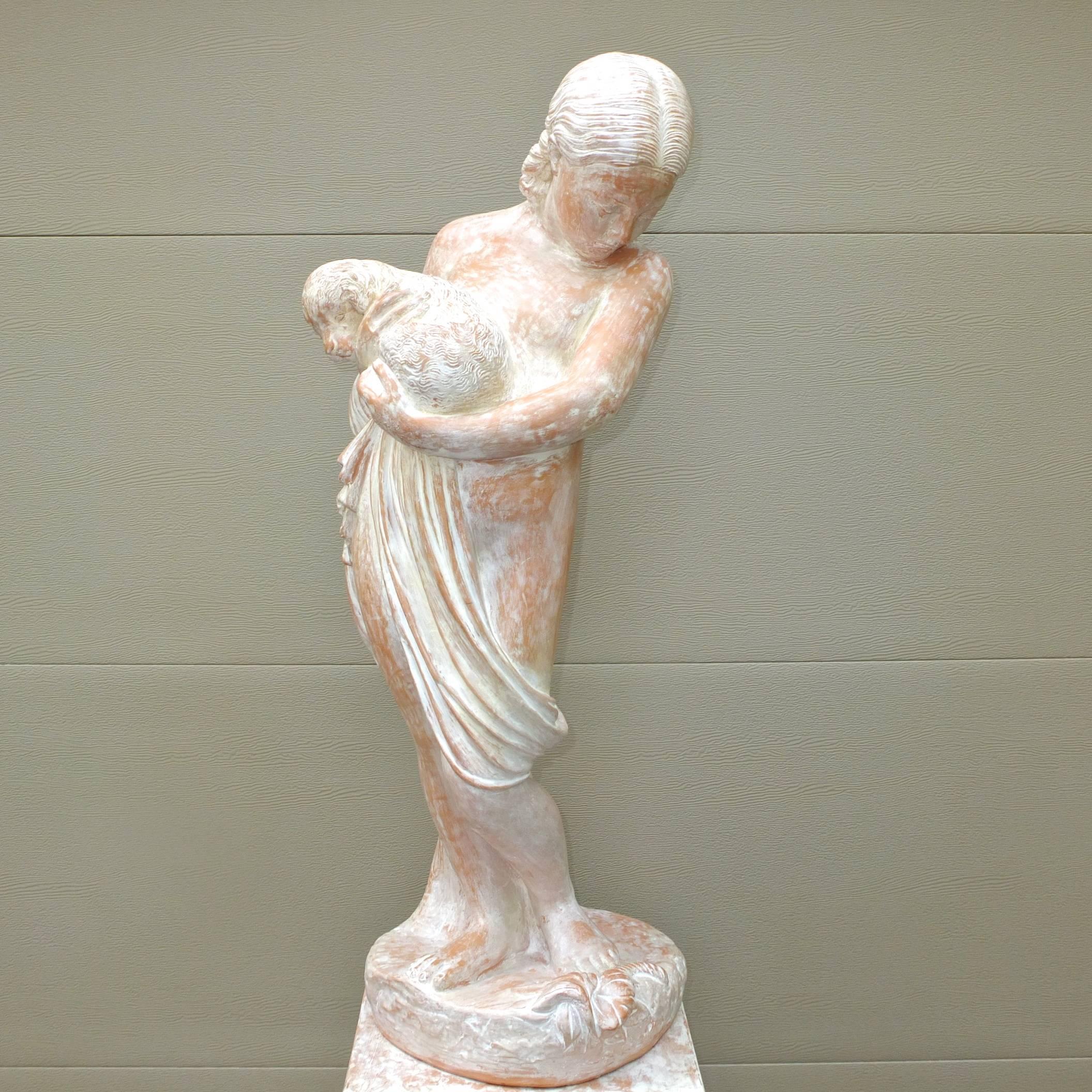 Neoclassical Revival Terracotta Statue of Woman on Plinth For Sale