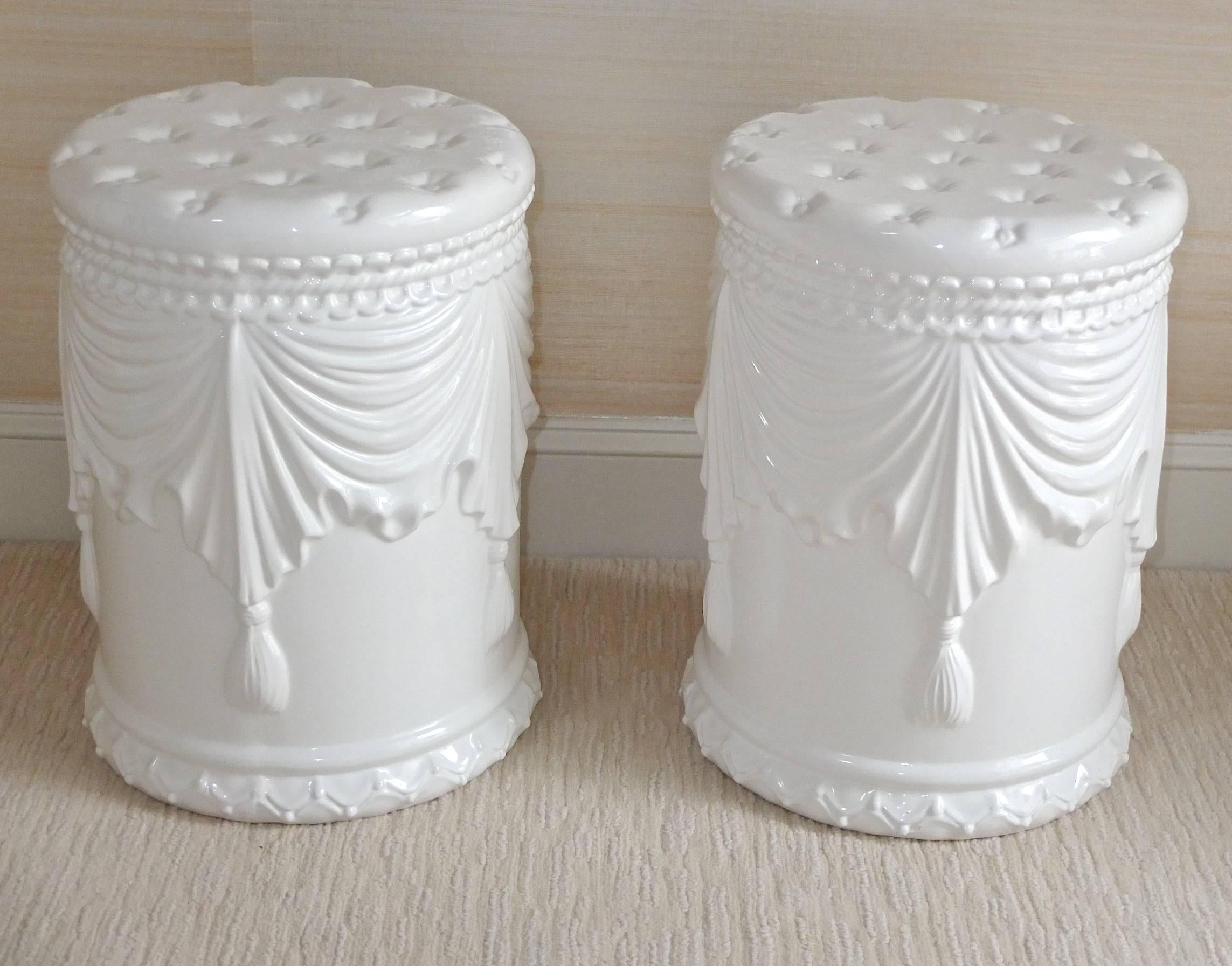 Mid-Century Modern Pair of White Ceramic Garden Stools