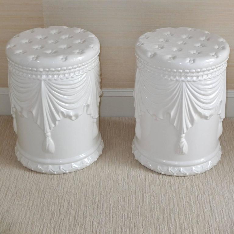 Pair of White Ceramic Garden Stools For Sale at 1stdibs