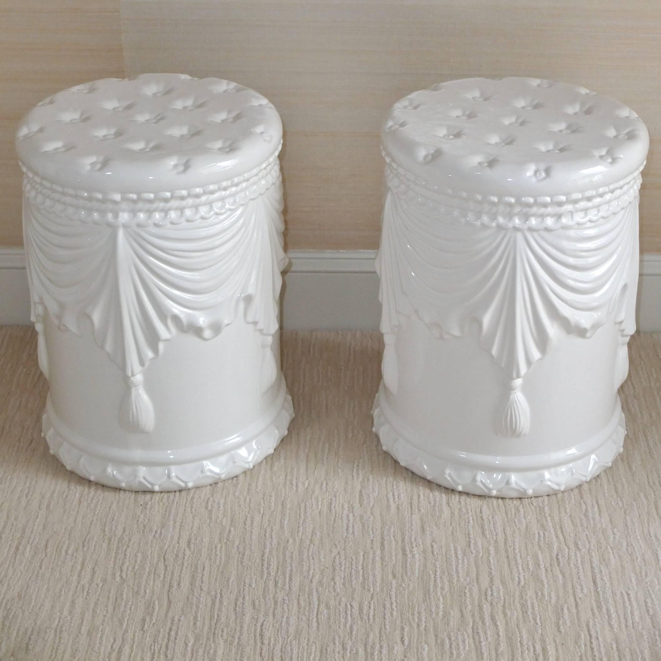 Italian Pair of White Ceramic Garden Stools