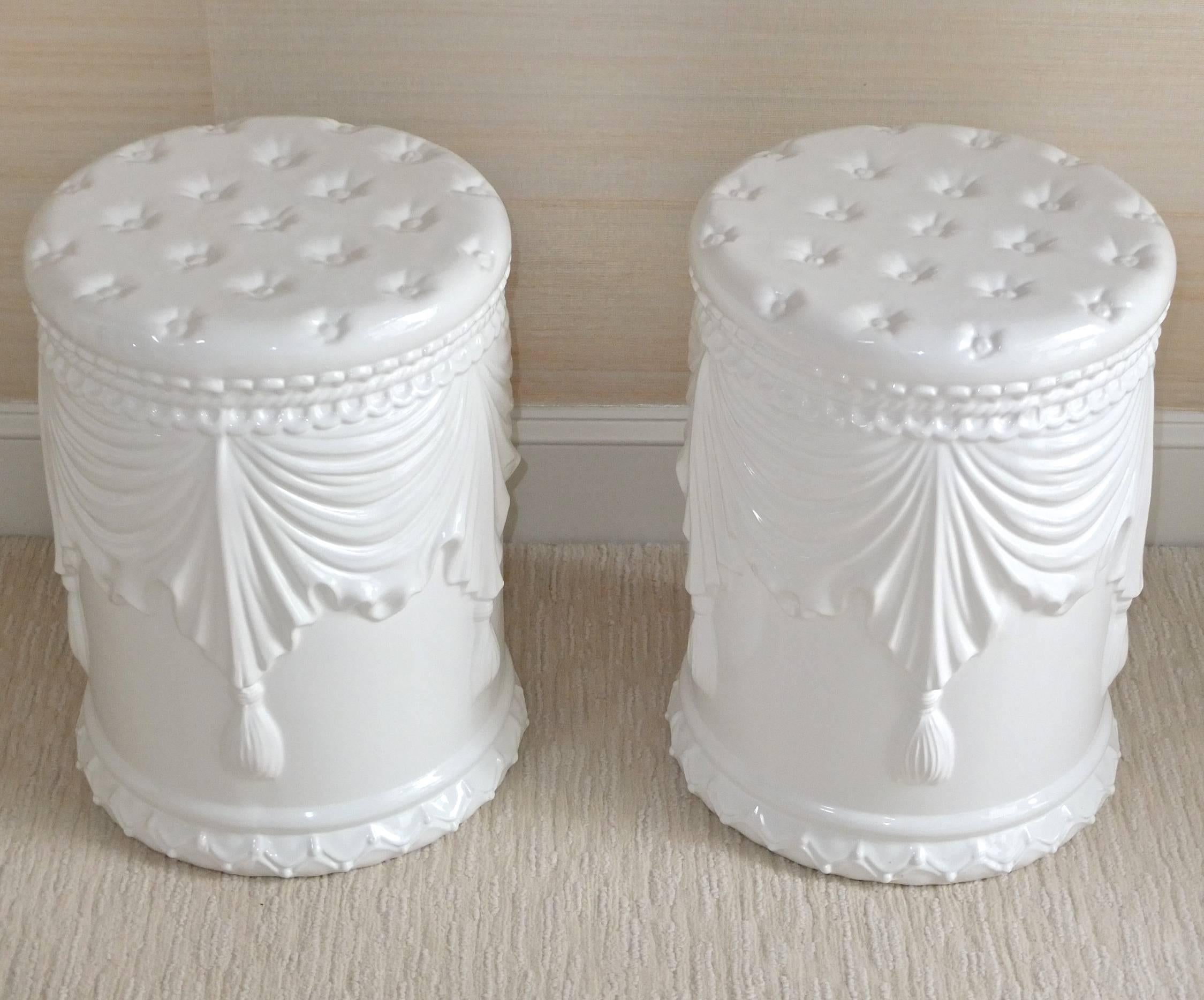 Pair of White Ceramic Garden Stools In Excellent Condition In Hanover, MA
