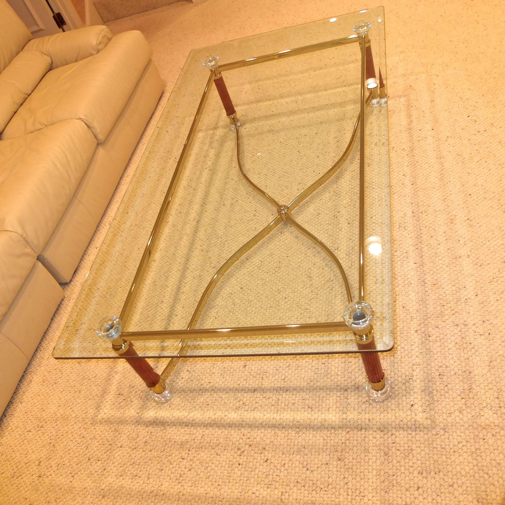 Mid-Century Modern Jasper Stone, Lucite, Brass and Glass Top Cocktail Table For Sale