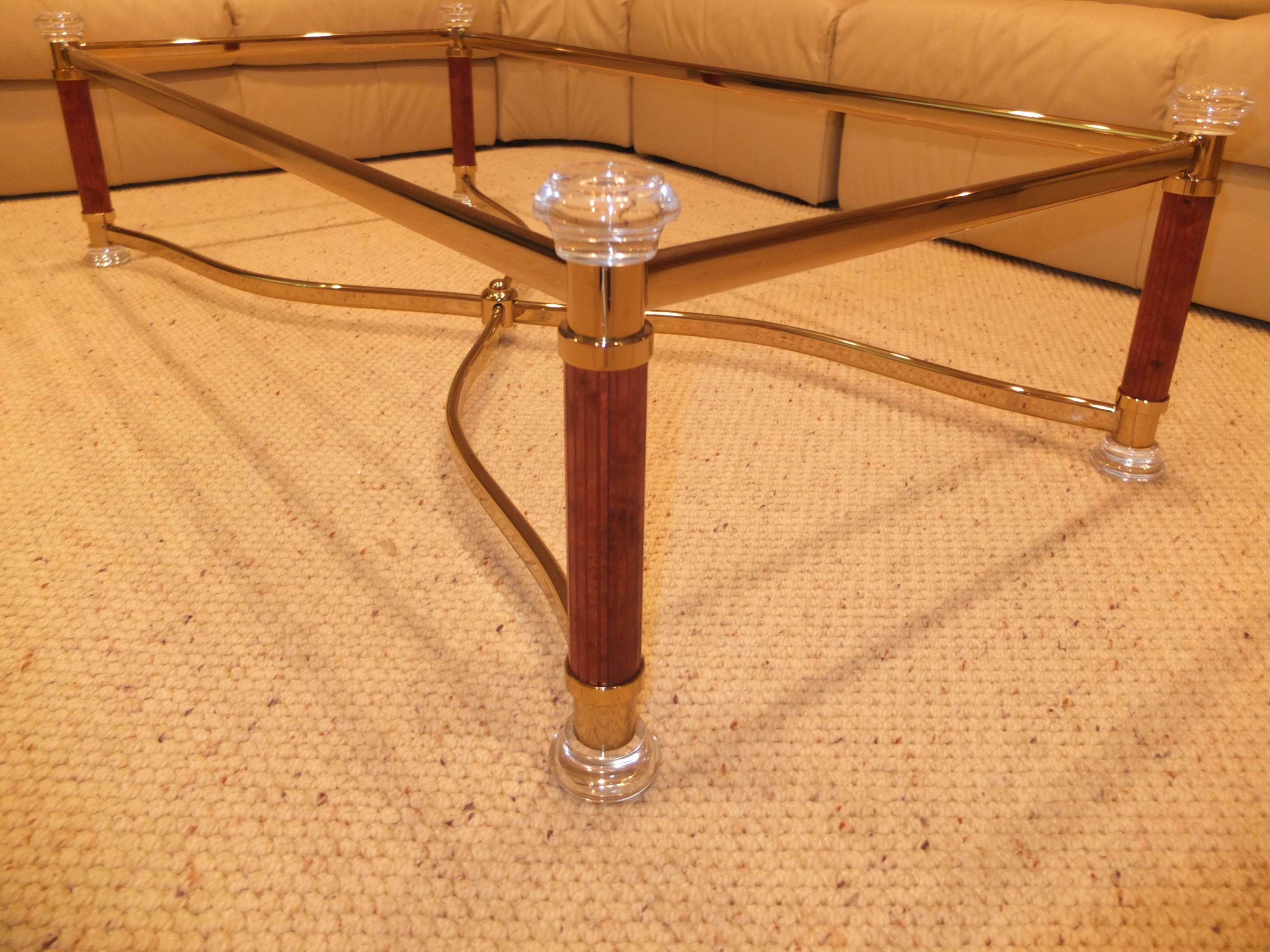 Polished Jasper Stone, Lucite, Brass and Glass Top Cocktail Table For Sale