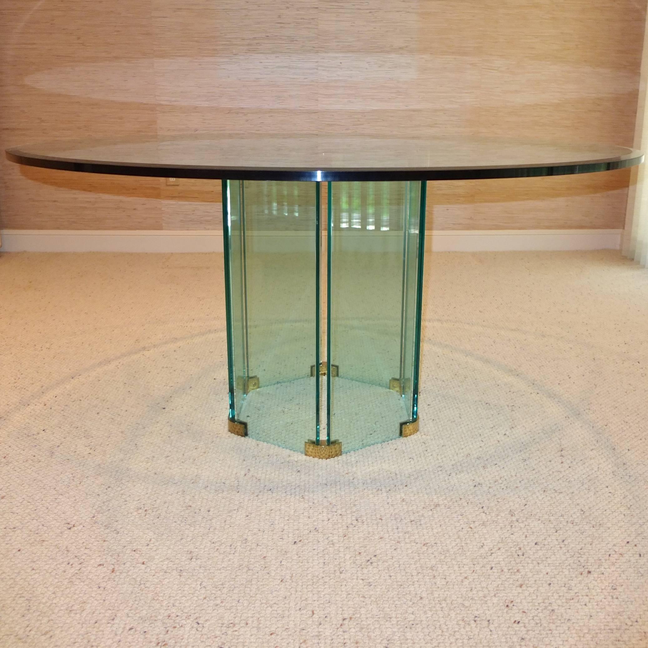 Late 20th Century Pace Collection Round Dining Table Hexagonal Glass and Brass Base
