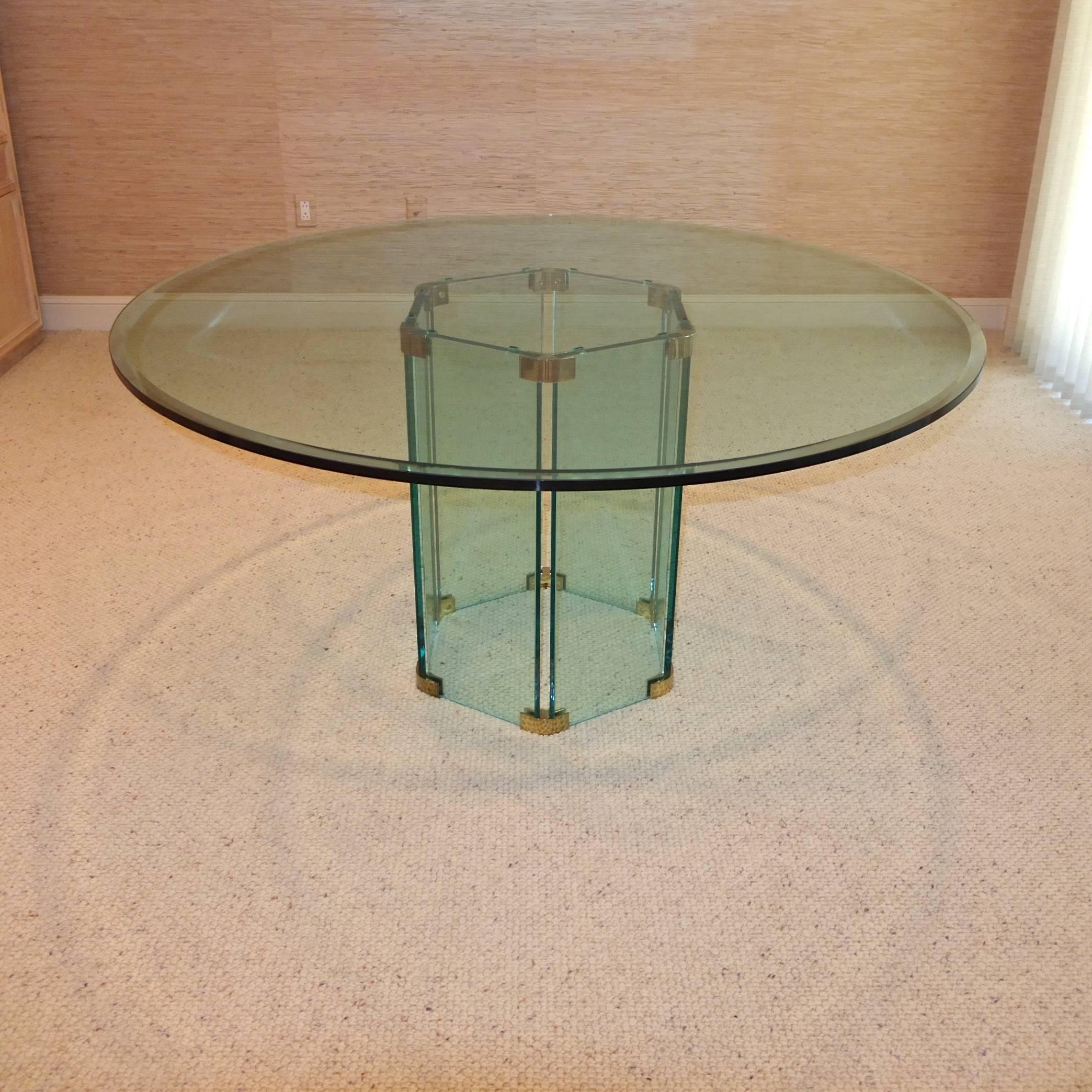 Pace Collection Round Dining Table Hexagonal Glass and Brass Base In Excellent Condition In Hanover, MA