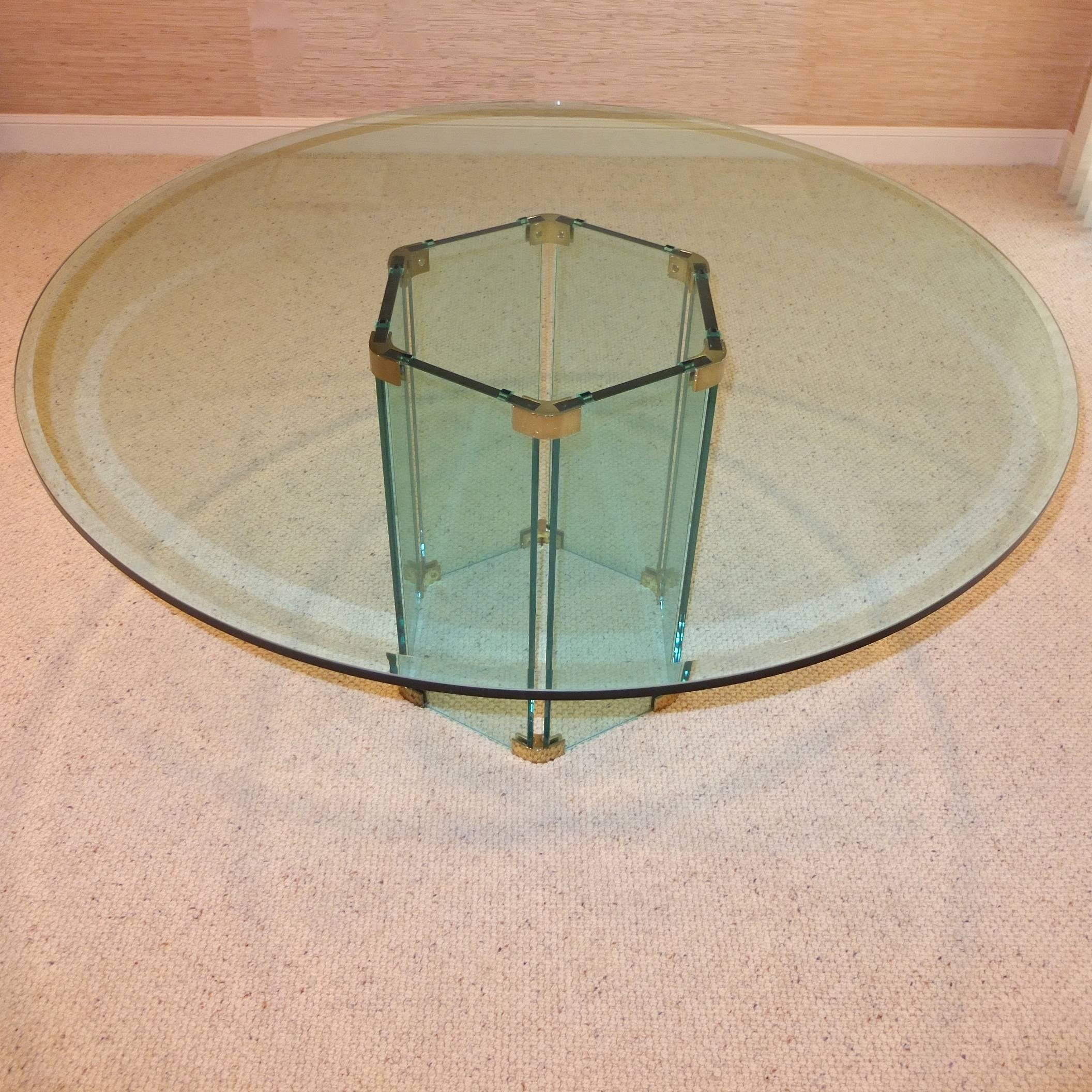 Mid-Century Modern Pace Collection Round Dining Table Hexagonal Glass and Brass Base