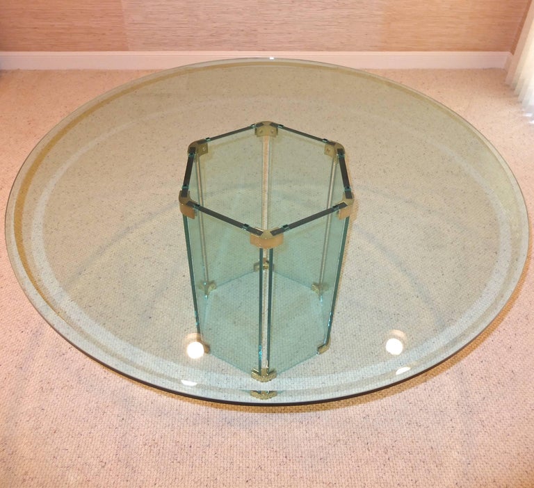 Pace Collection Round Dining Table Hexagonal Glass and Brass Base at