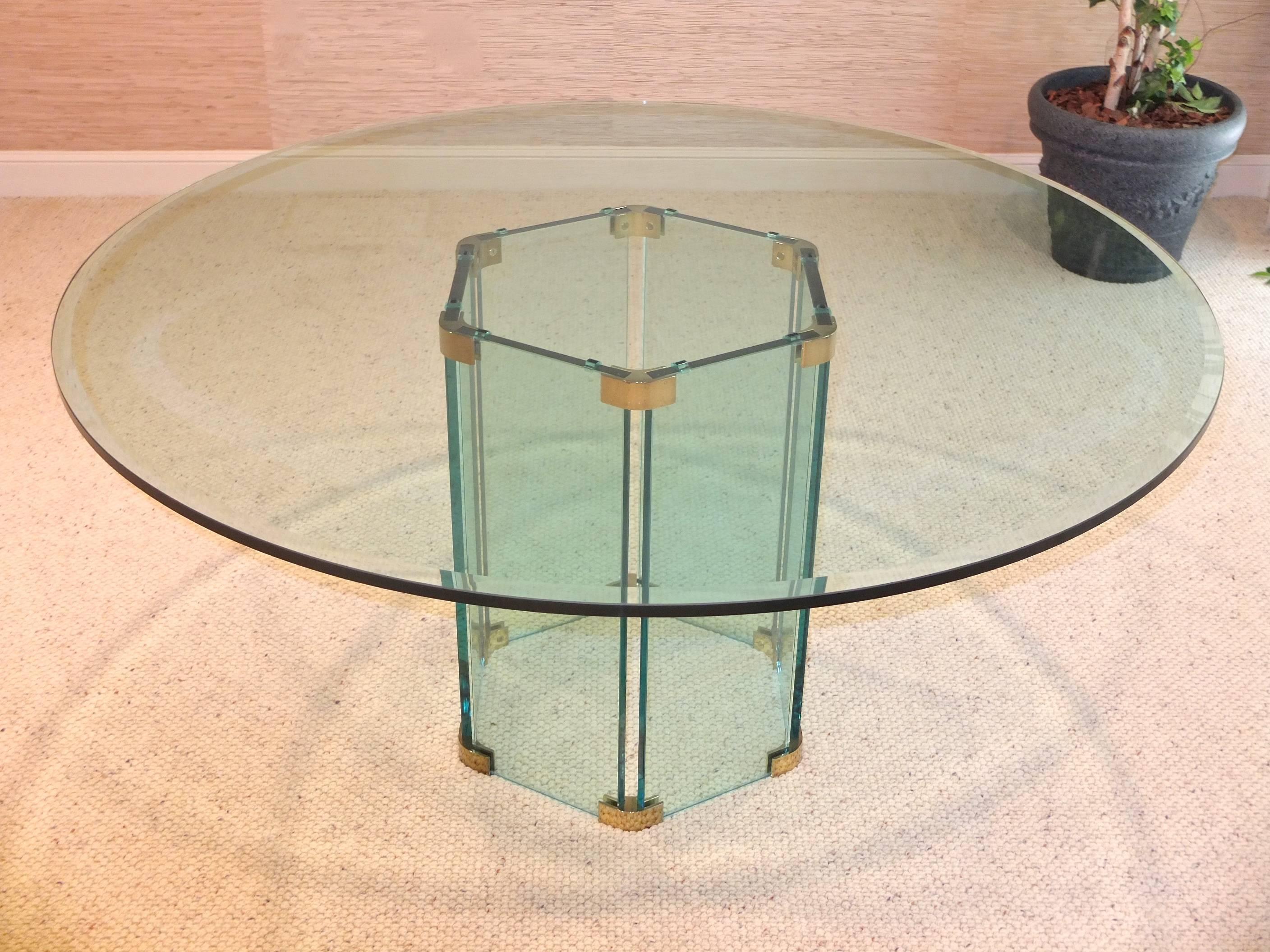 Pace Collection Round Dining Table Hexagonal Glass and Brass Base 1