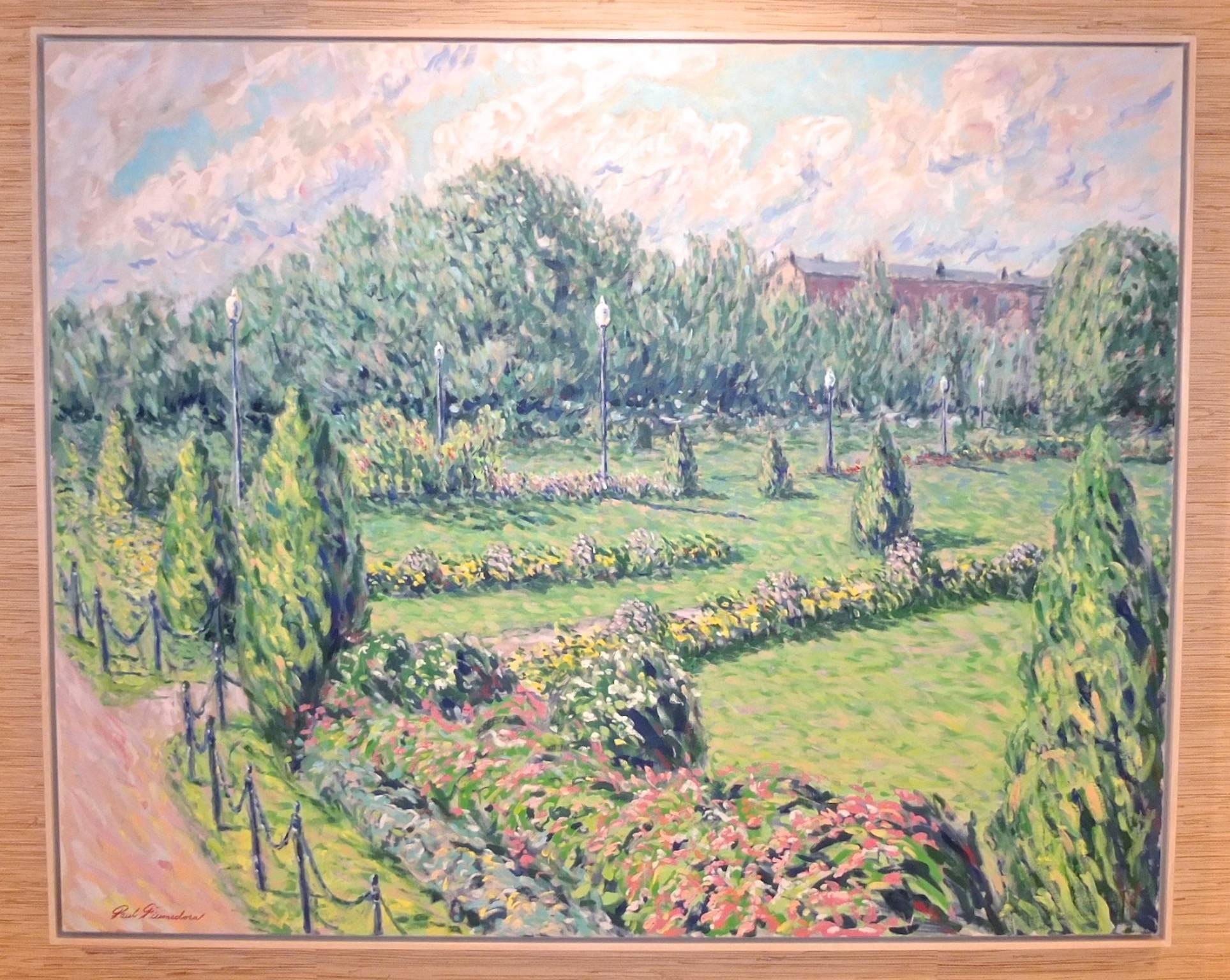 large-scale landscape painting of the Boston Public Gardens in spring/summer, acrylic on canvas, framed in thin modern wood frame painted beige-cream. Signed by the artist Paul Fiumedora.  See artist's bio in image 5.

Dimensions shown include the