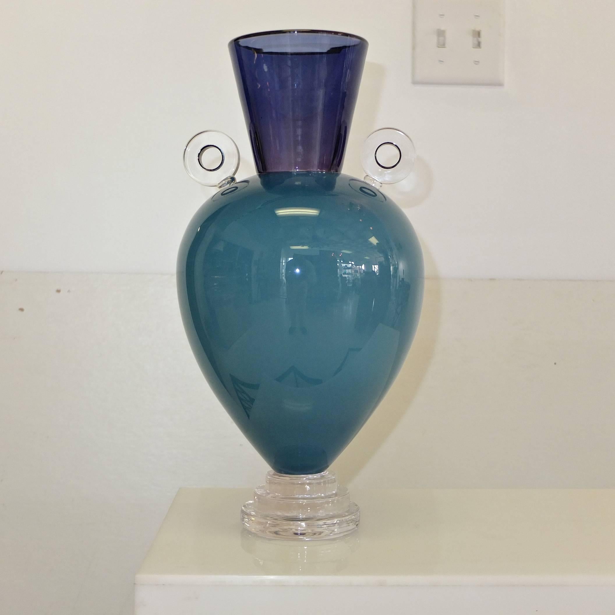 Postmodern studio blown art glass vase (turquoise / teal / violet /clear) signed by Alex Brand, 1990 from his artist in residence glass blowing studio at the Greenbrier resort. 

Alex Brand, who received his BFA from Tyler School of Art in