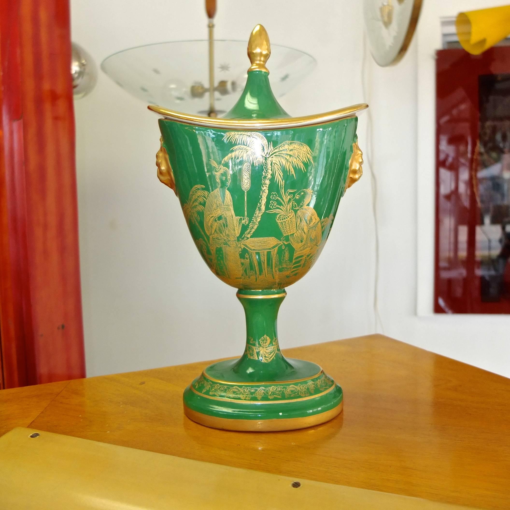 Italian Mottahedeh Gold on Green Lidded Cachepot For Sale