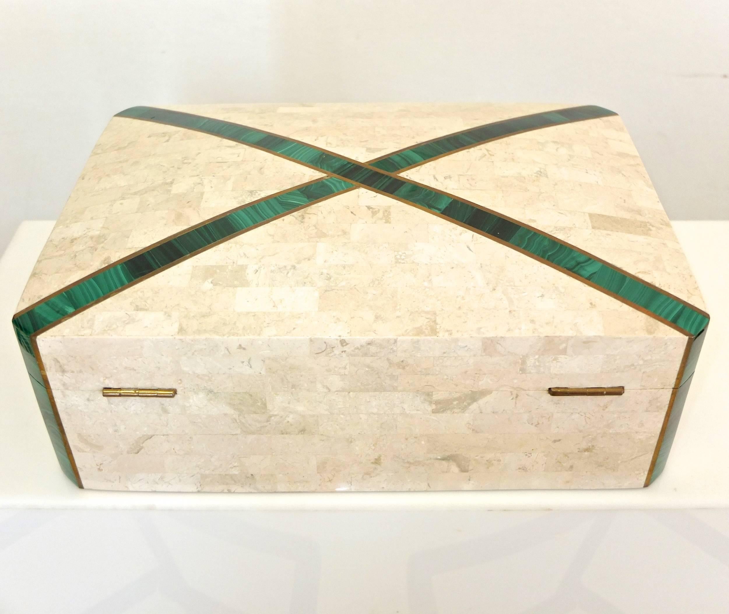 Philippine Large Tessellated Stone Box with Brass and Malachite