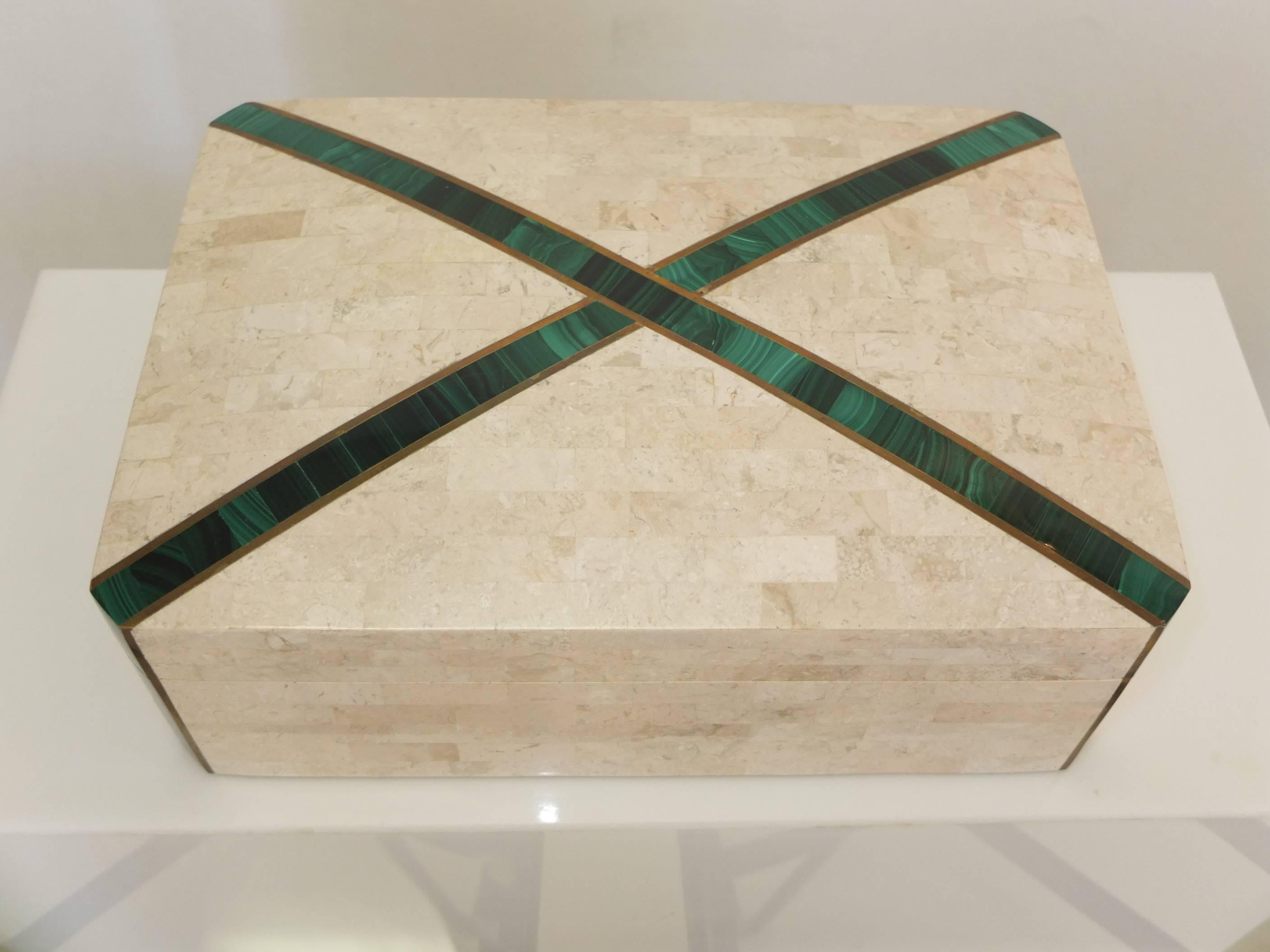 Travertine Large Tessellated Stone Box with Brass and Malachite