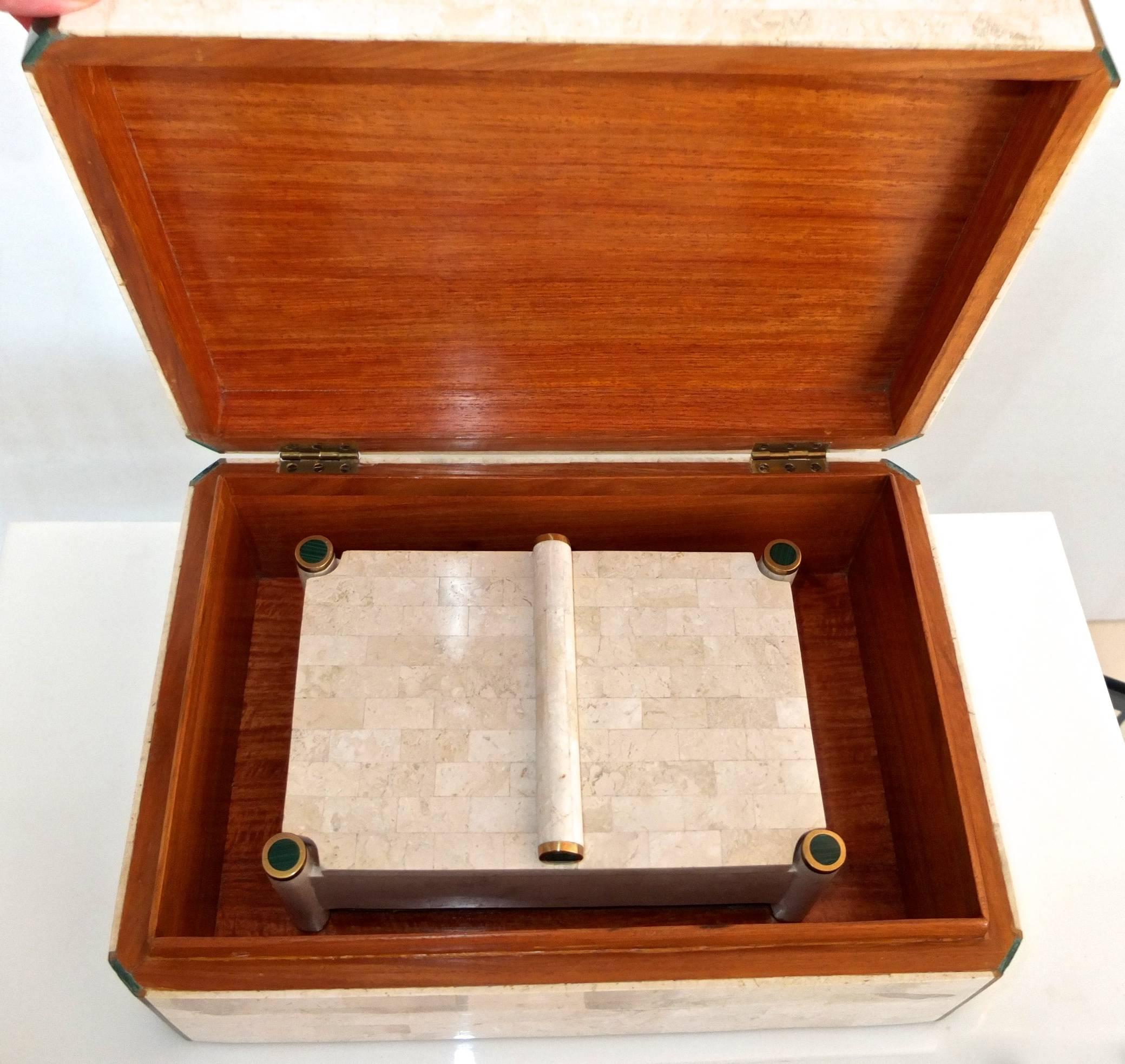 Polished Large Tessellated Stone Box with Brass and Malachite