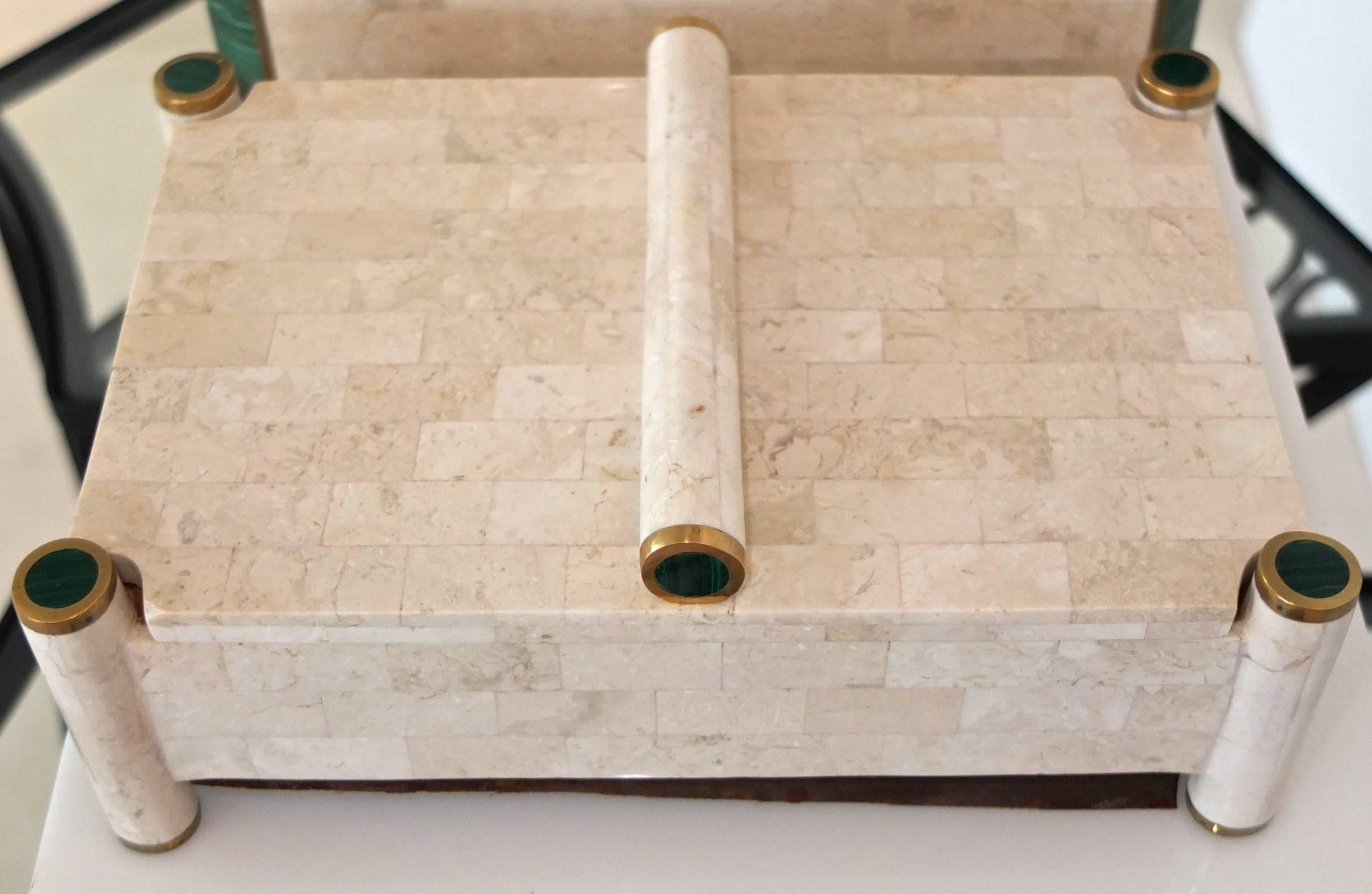 Large Tessellated Stone Box with Brass and Malachite In Good Condition In Hanover, MA