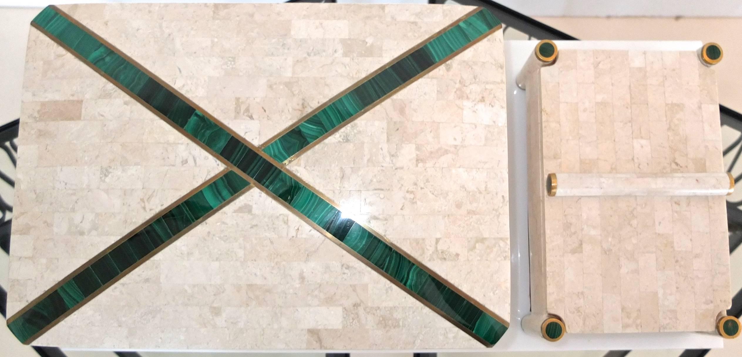 Modern Large Tessellated Stone Box with Brass and Malachite
