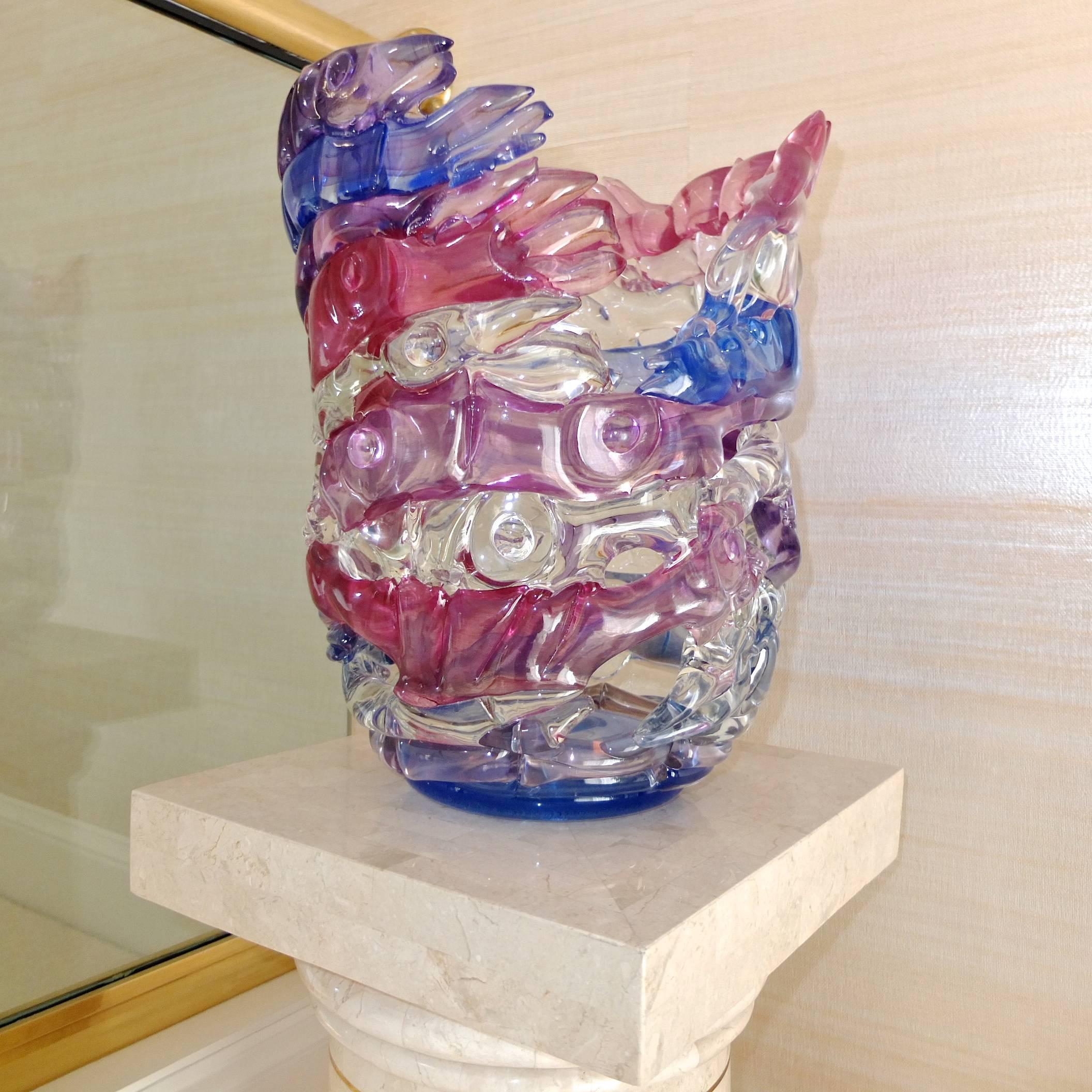 Art glass vase by Tom Philabaum from his "Handbuilt" series, circa 1987.

Tom Philabaum received a B.A. in Art and Education from Southern Illinois University in 1969, and then joined the innovative Glass Program at the University of