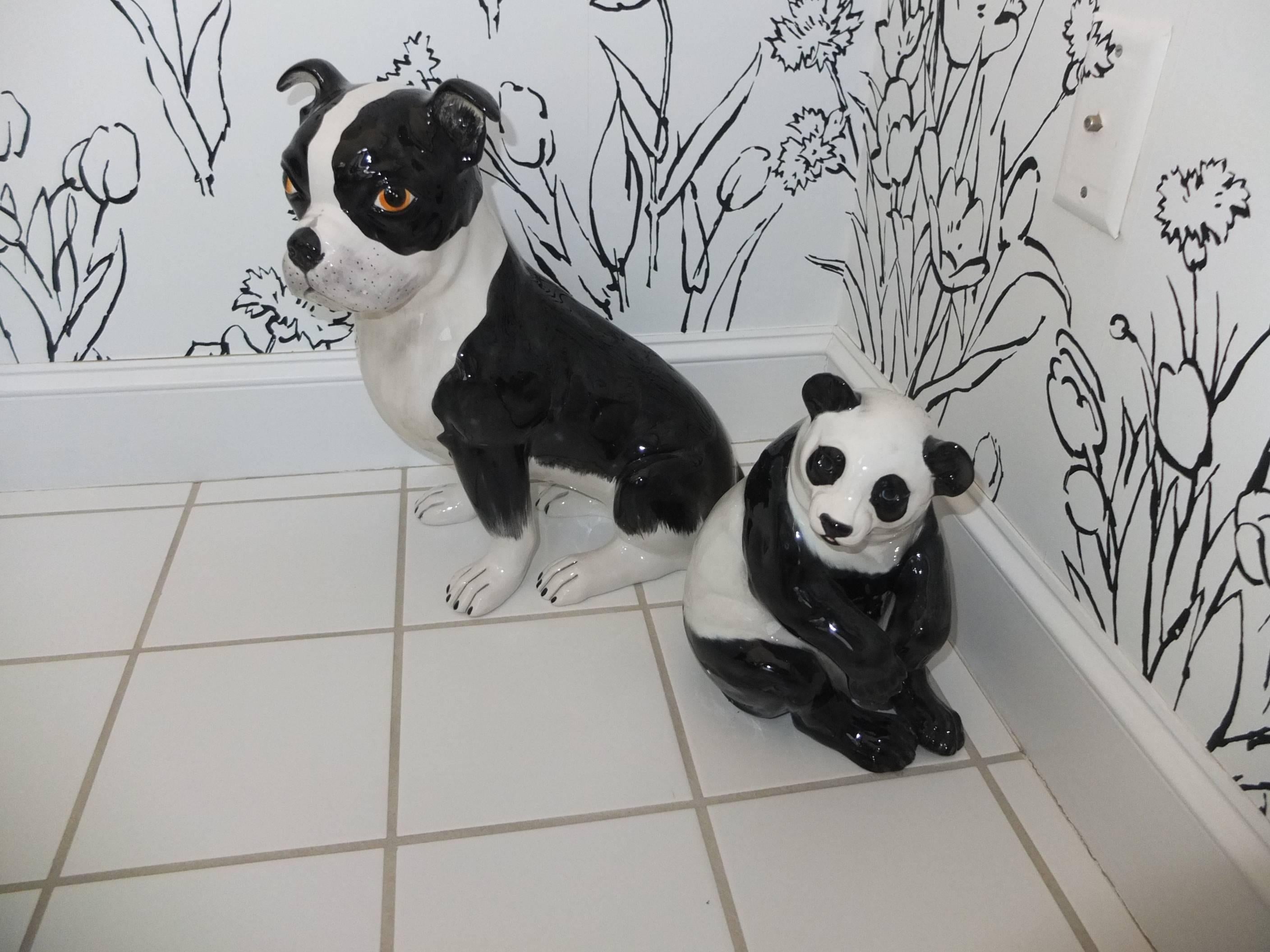 Mid-20th Century Italian Ceramic Boston Terrier and Panda For Sale