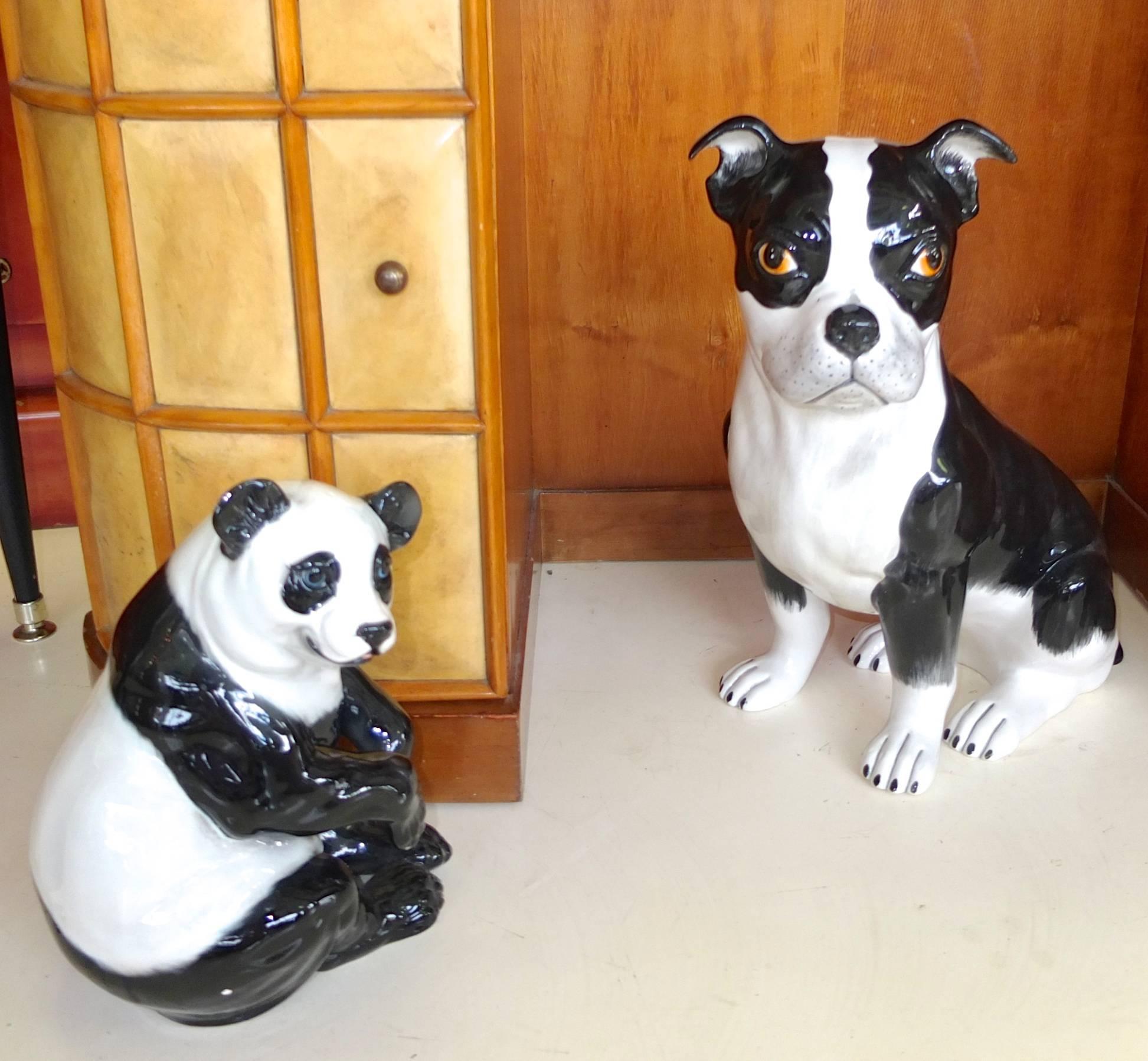 Delightful large-scale ceramic figures of a nearly life-size black and white glazed Boston Terrier and a Panda bear. Marked with numbers and Made in Italy. Attributed to Eugenio Pattarino and/or his student Paolo Marioni.

Measures: Terrier is 16
