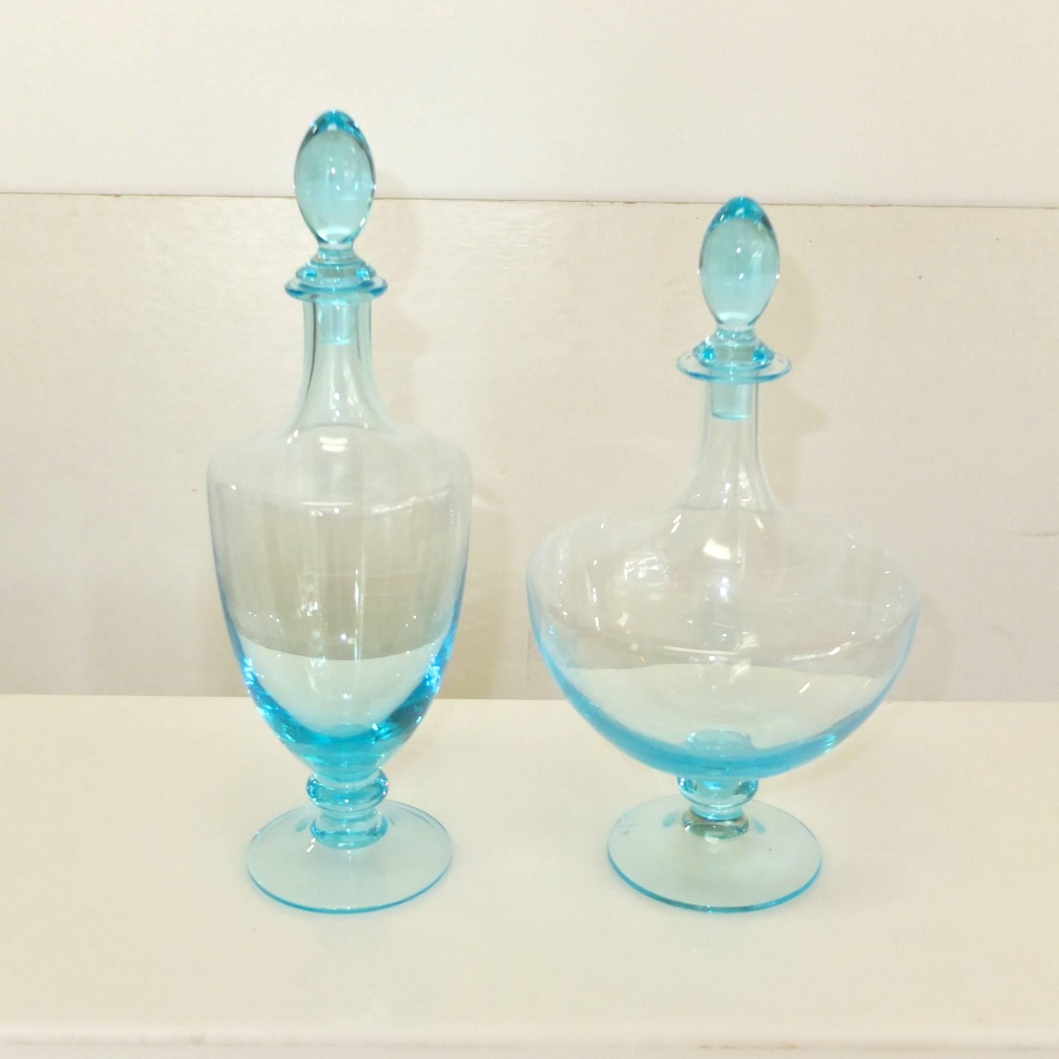 Late 20th Century Italian Signed Blue Blown Glass Decanters