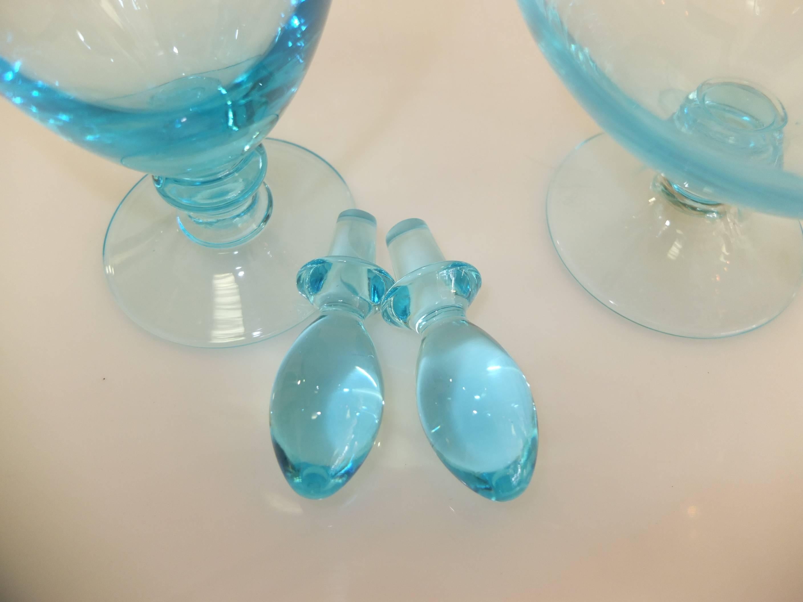 Italian Signed Blue Blown Glass Decanters 2