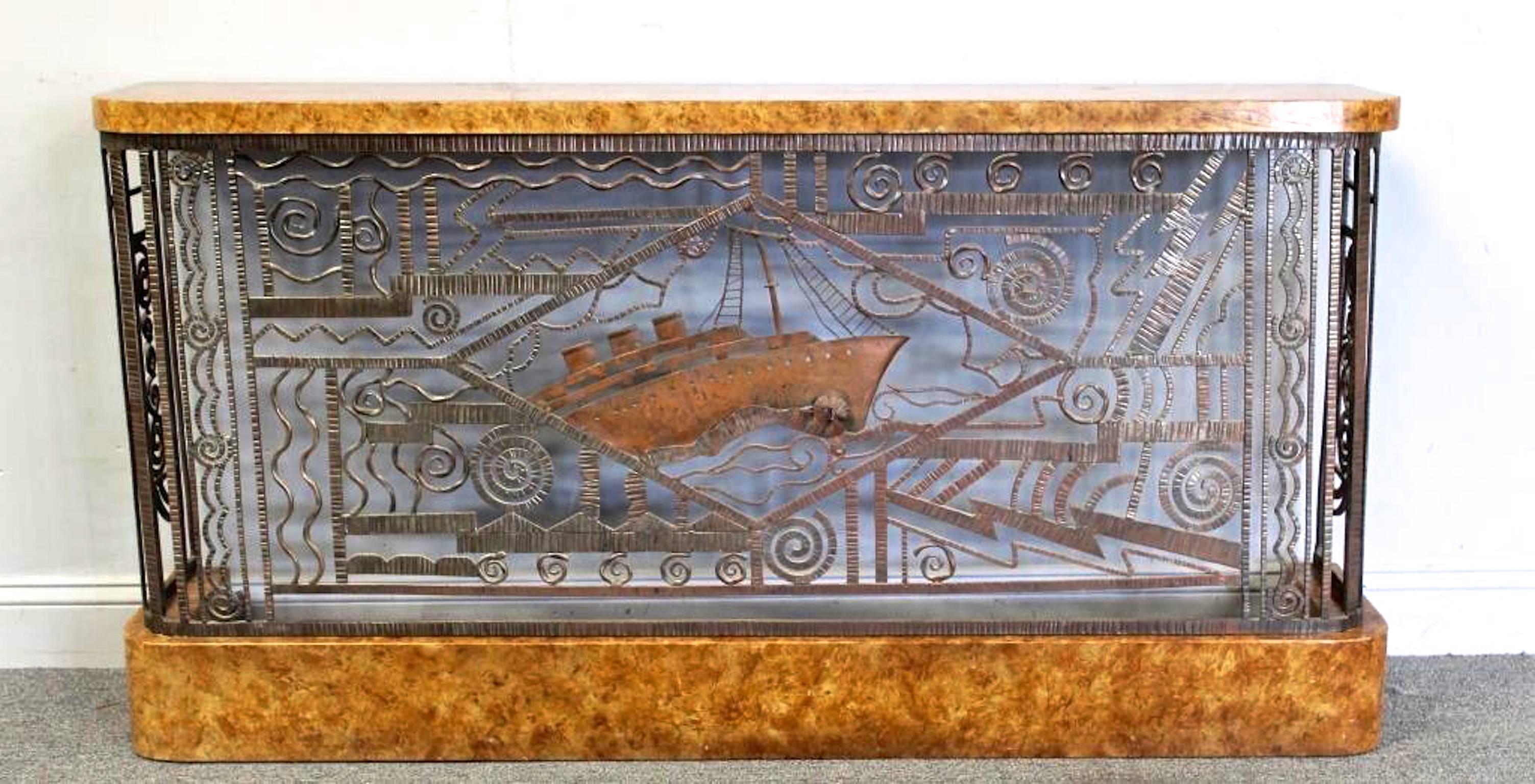 Faux Bois Art Deco Forged Steel and Burl Console with Ocean Liner Motif