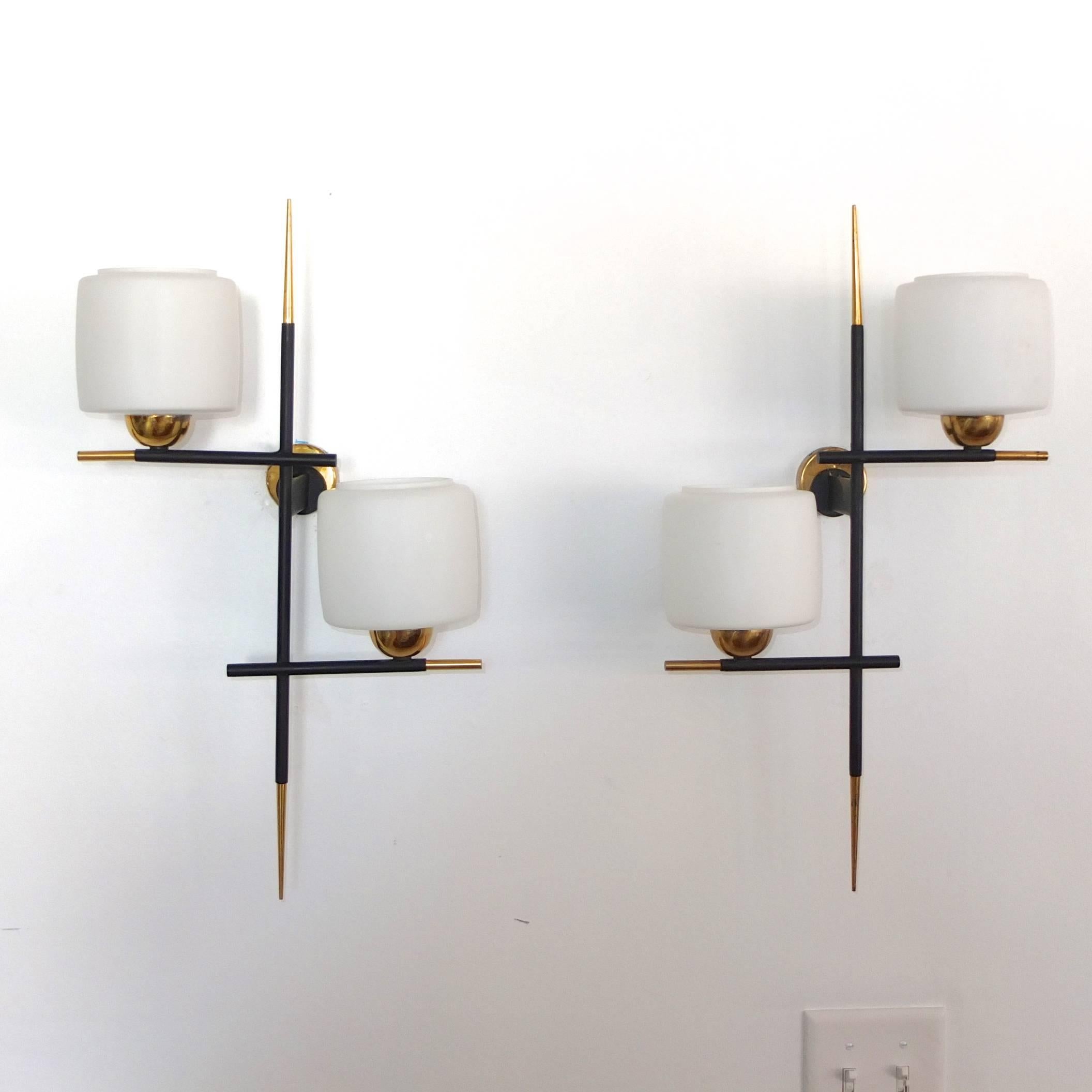 Mid-Century Modern Pair of Linear Modernist Sconces with Opaline Glass Shades by Gaston Fossati