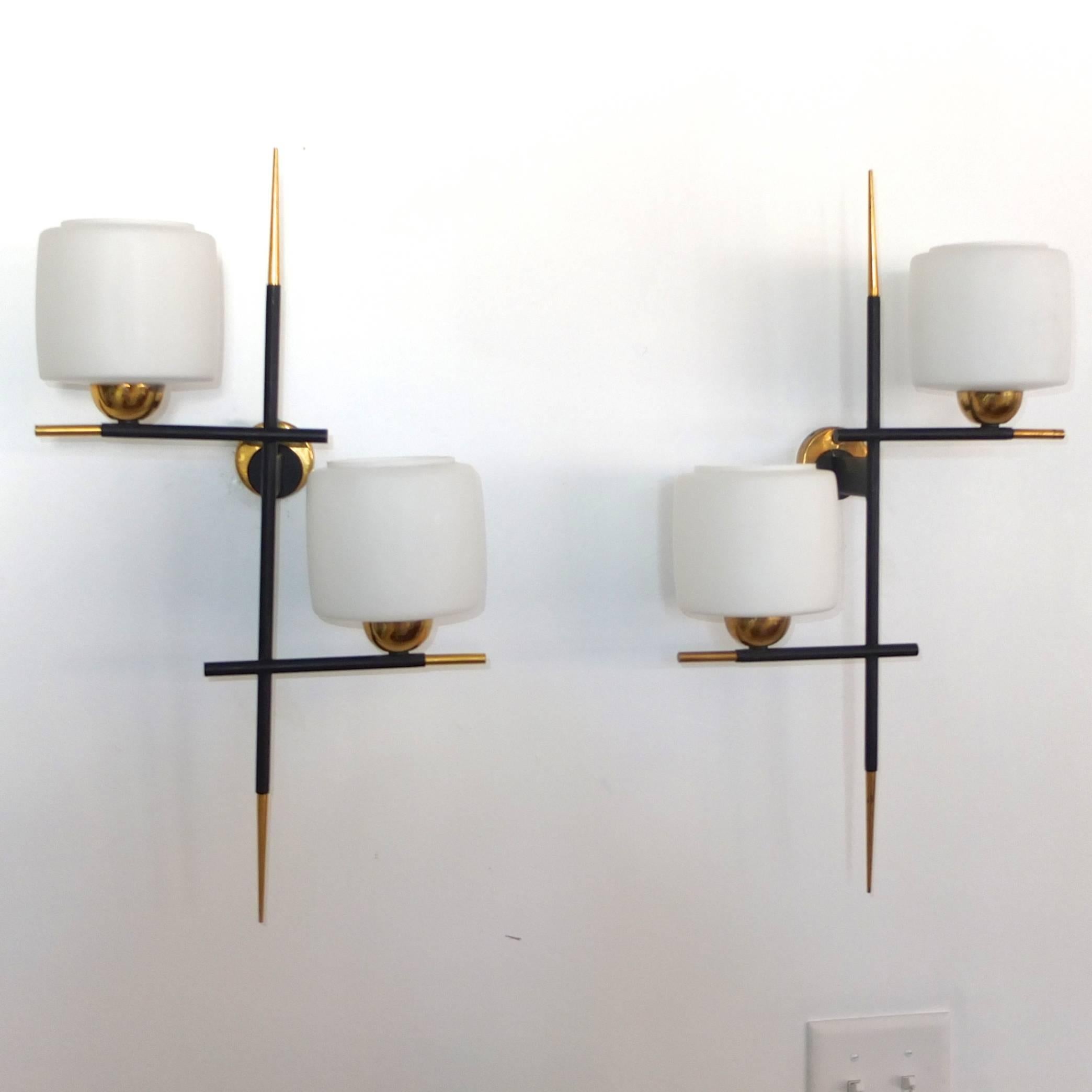 French Pair of Linear Modernist Sconces with Opaline Glass Shades by Gaston Fossati