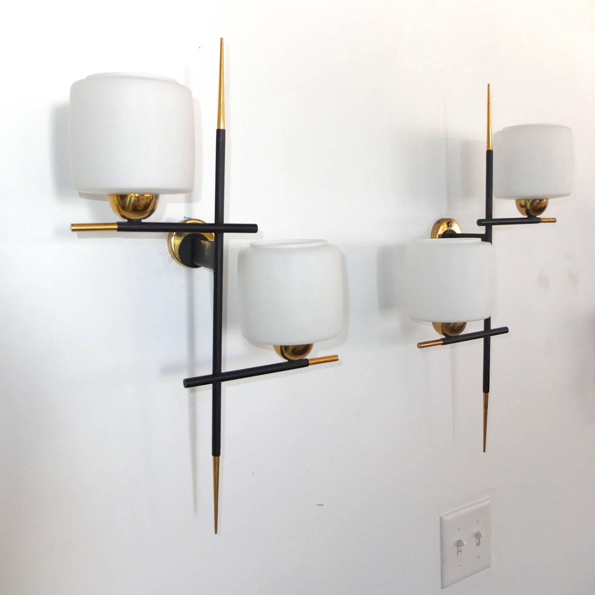 Pair of Linear Modernist Sconces with Opaline Glass Shades by Gaston Fossati In Excellent Condition In Hanover, MA