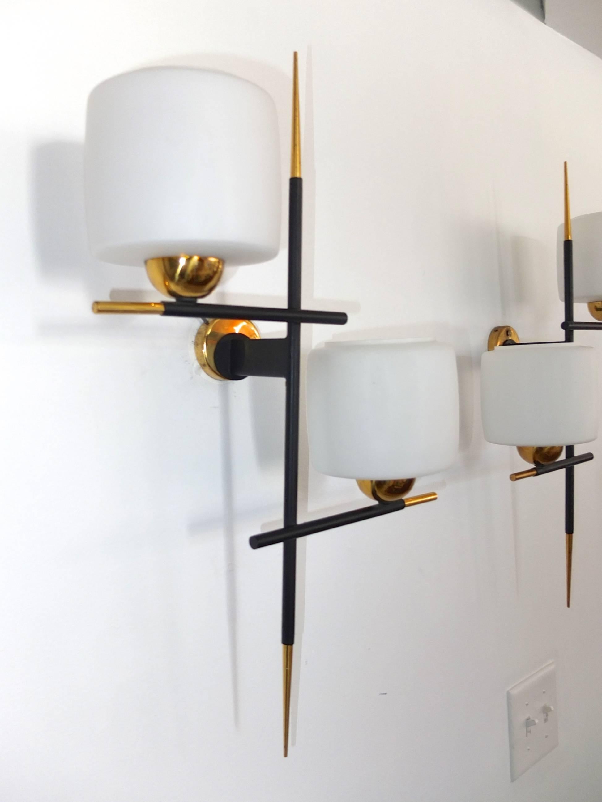 Mid-20th Century Pair of Linear Modernist Sconces with Opaline Glass Shades by Gaston Fossati