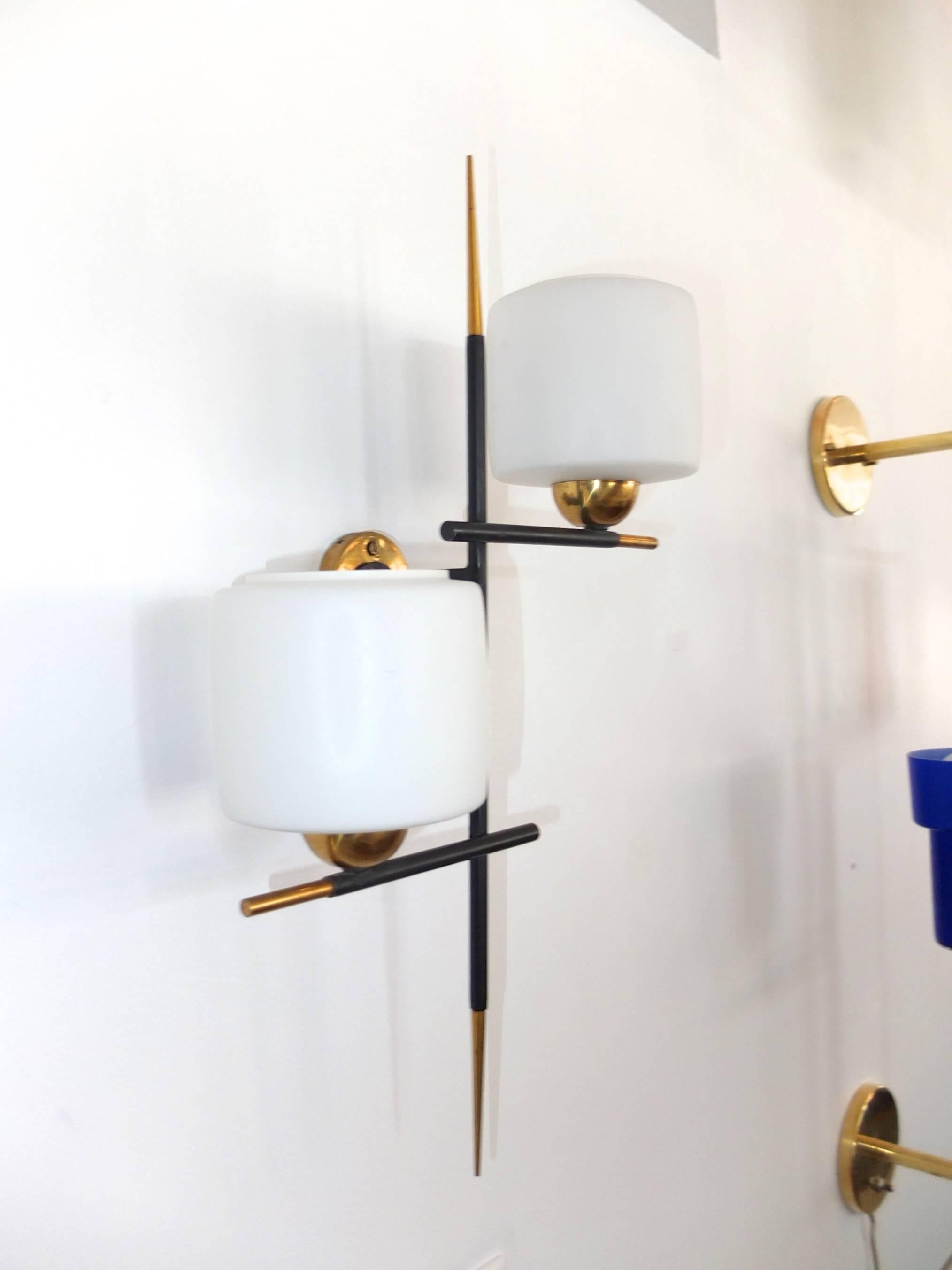Brass Pair of Linear Modernist Sconces with Opaline Glass Shades by Gaston Fossati