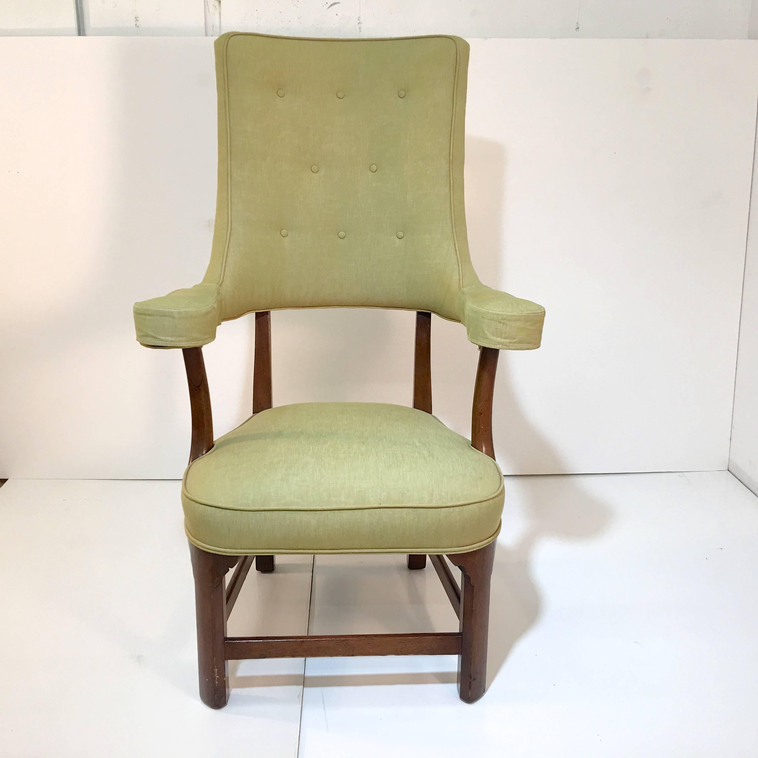This stately high-back armchair was originally commissioned in the mid-1960s by top Boston interior decorator, George Clark, on behalf of a prominent family, from Florian Papp in New York City. The Florian Papp Workshop made Fine custom