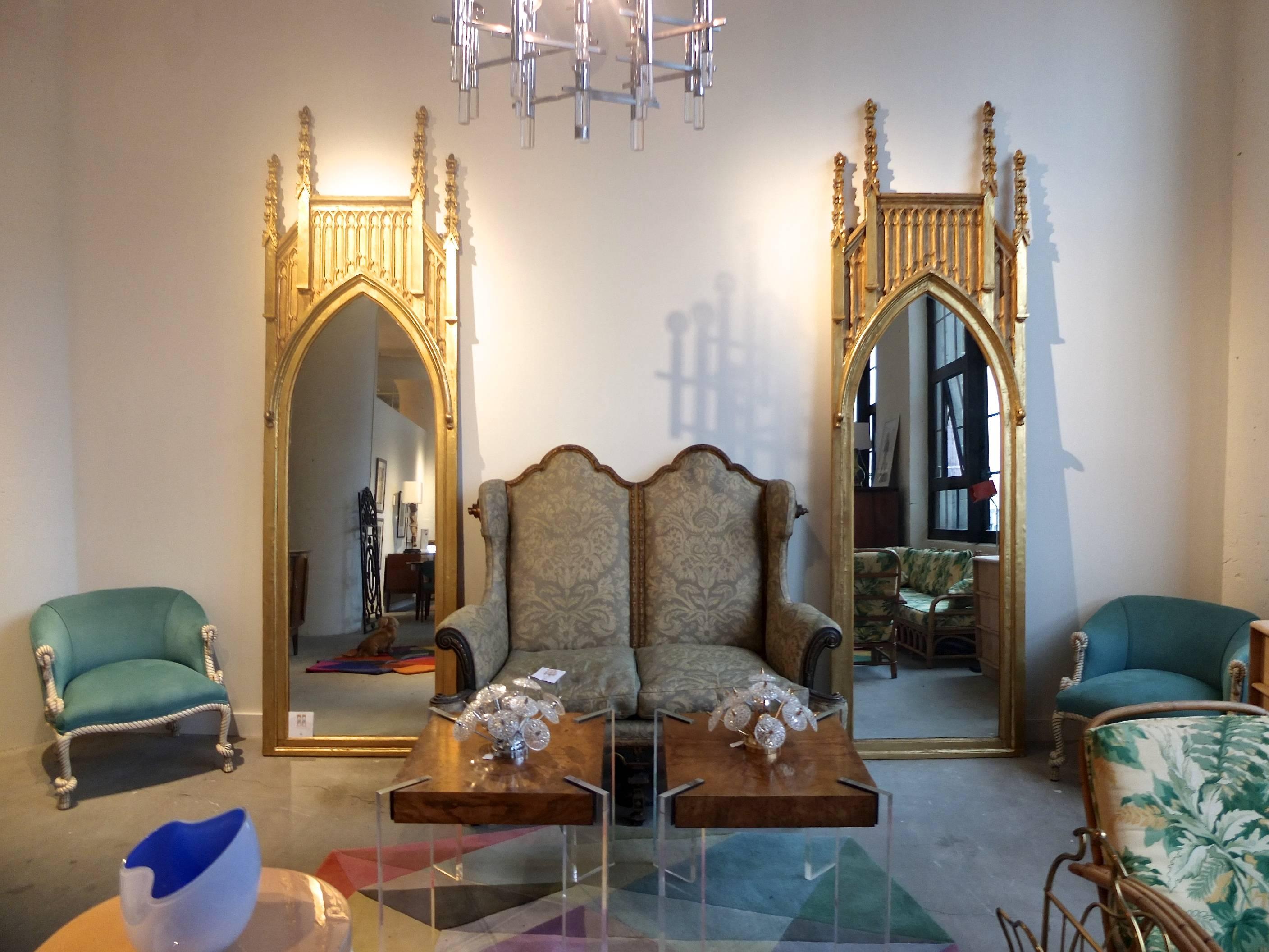 Truly extraordinary pair of English 19th century Gothic Revival architectural mirrors, nearly 9 feet tall. 
In the manner of Augustus Welby Northmore Pugin (aka God's Architect).
I bought these for myself to use in my London flat nearly 25 years ago