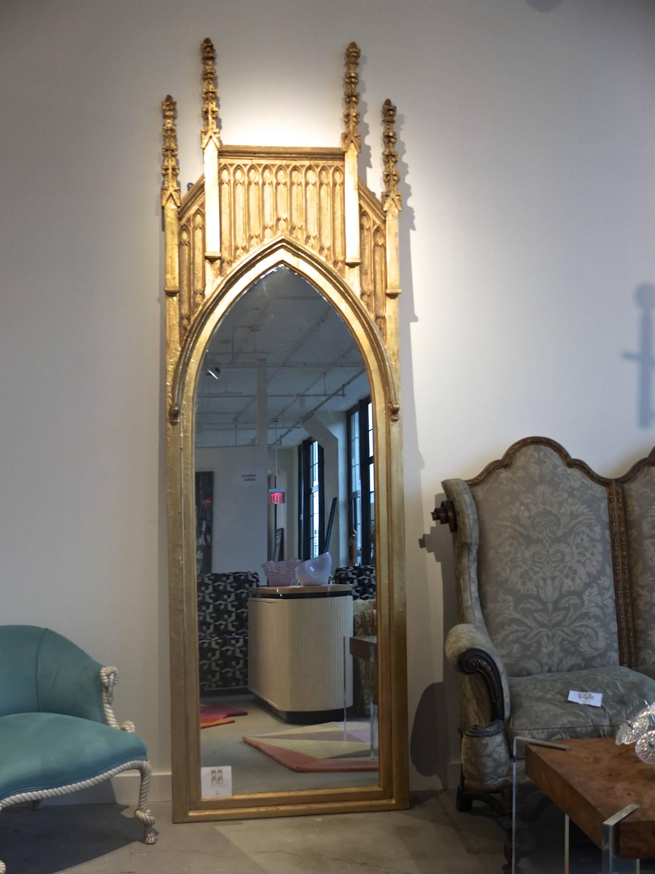 Gesso Pair of English Gothic Architectural Giltwood Mirrors ~9 feet tall For Sale