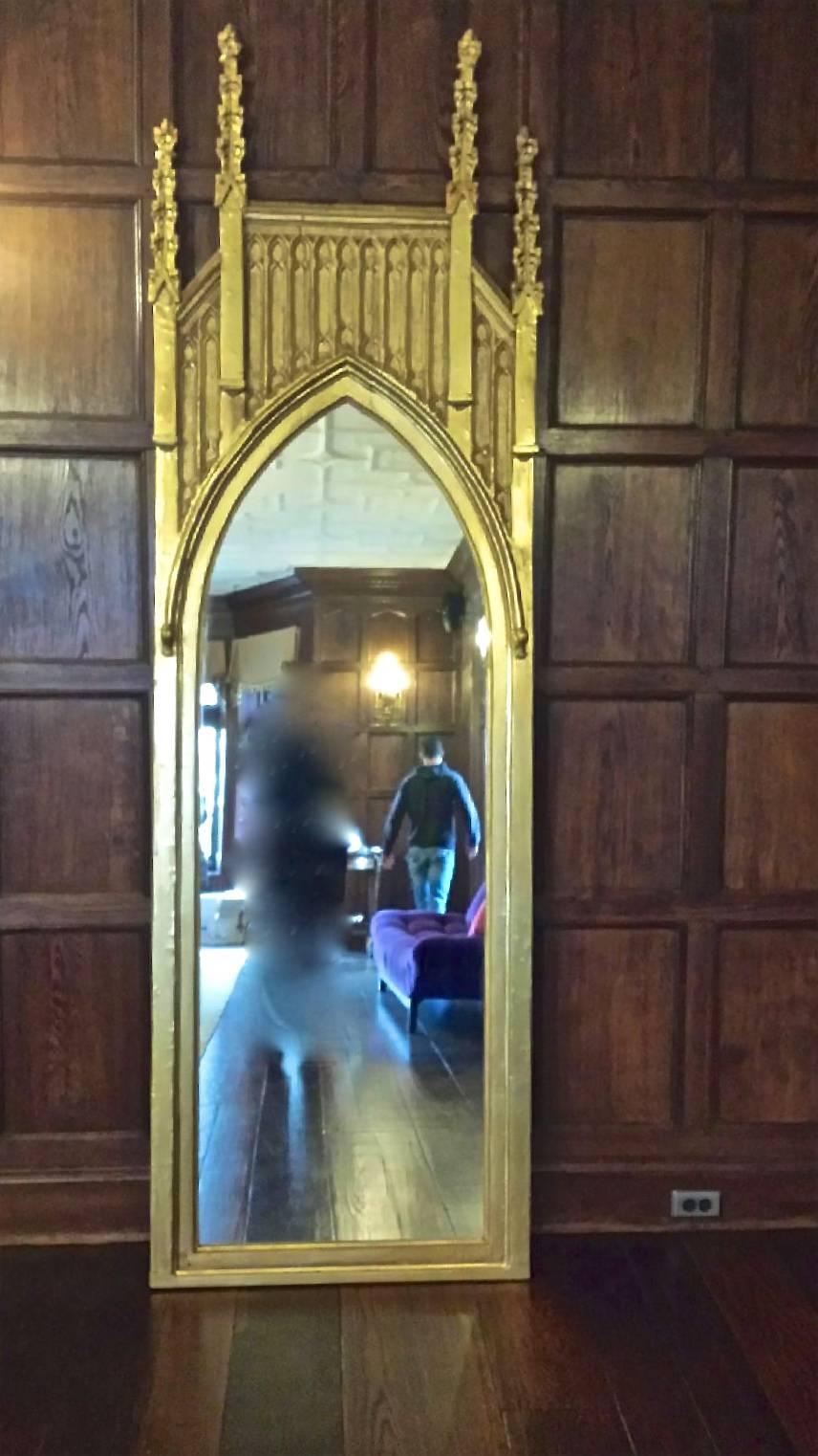Pair of English Gothic Architectural Giltwood Mirrors ~9 feet tall For Sale 3